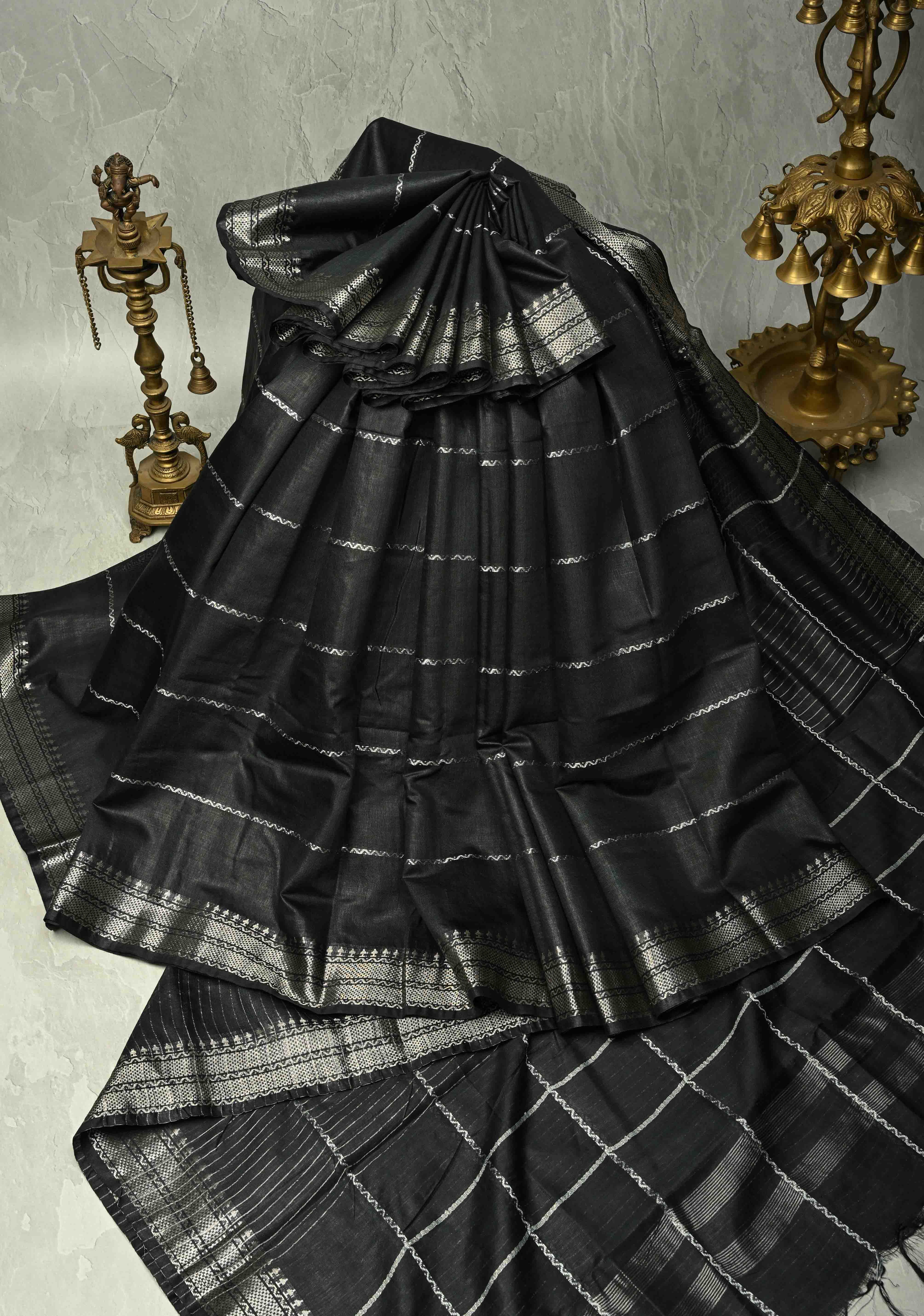Black Semi Tussar Saree with Veldhari Stripes and Zari Border | Shobitam