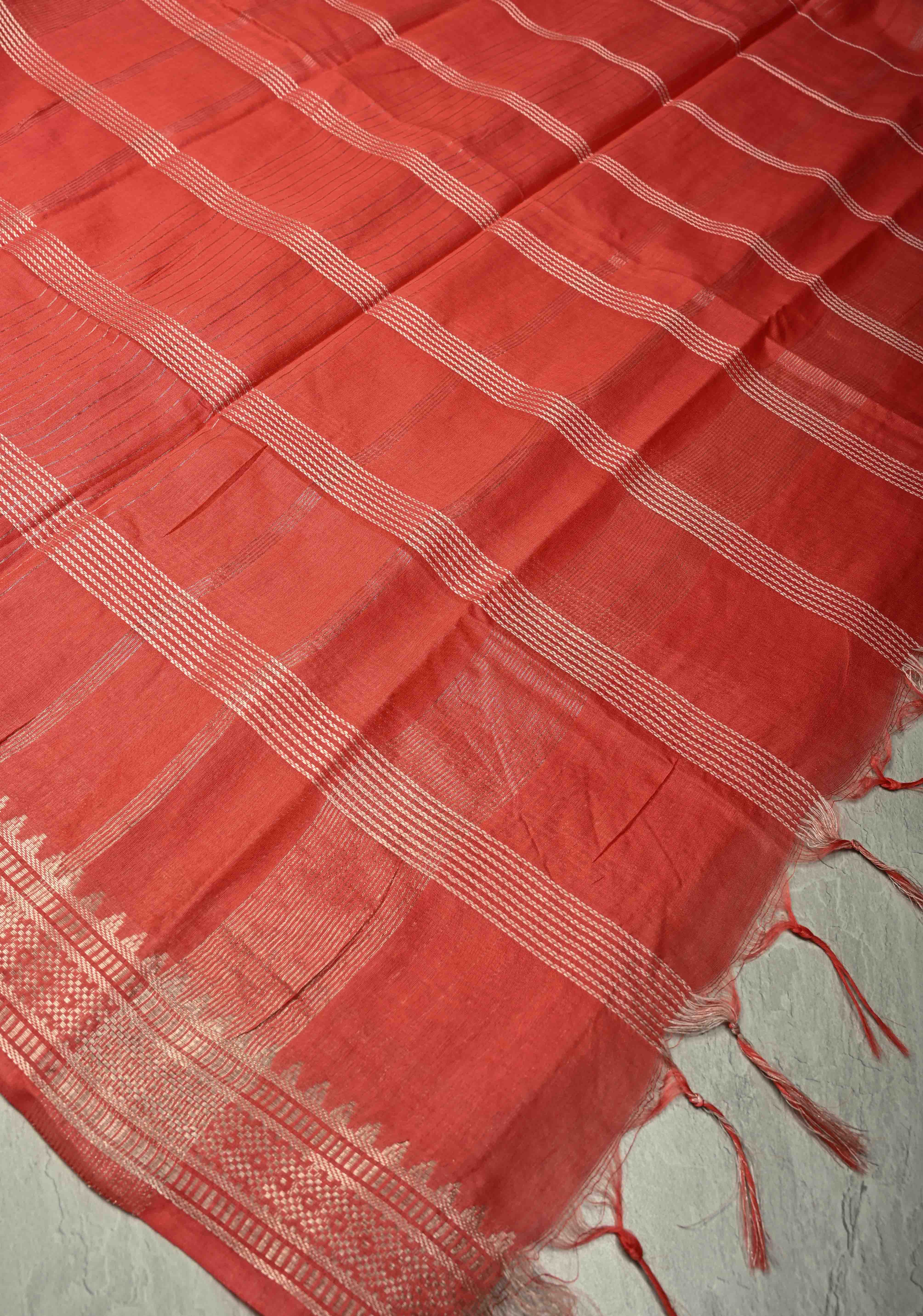 Red Orange Semi Tussar Saree with Thread Stripes and Tepmle Zari Border | Shobitam