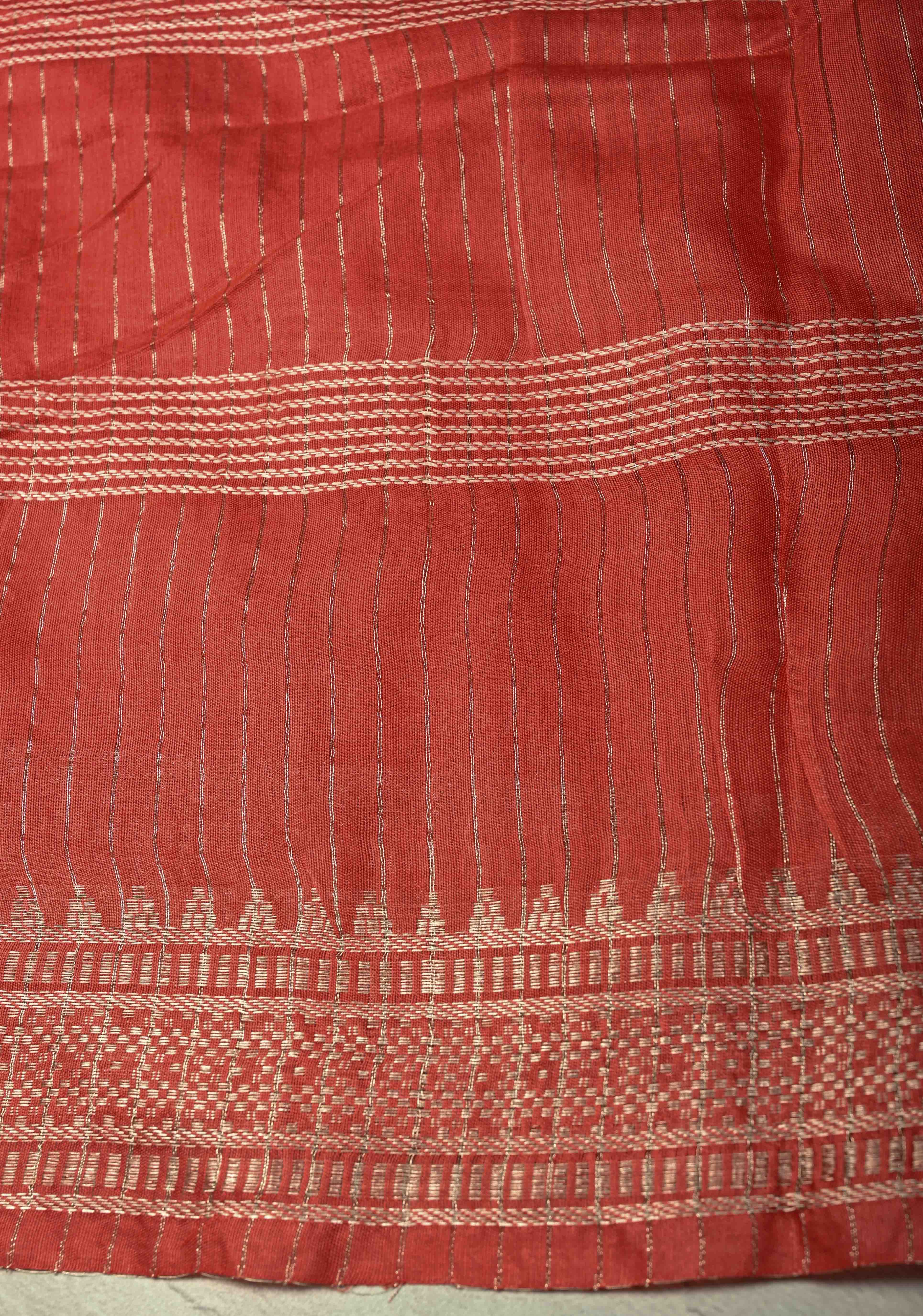 Red Orange Semi Tussar Saree with Thread Stripes and Tepmle Zari Border | Shobitam