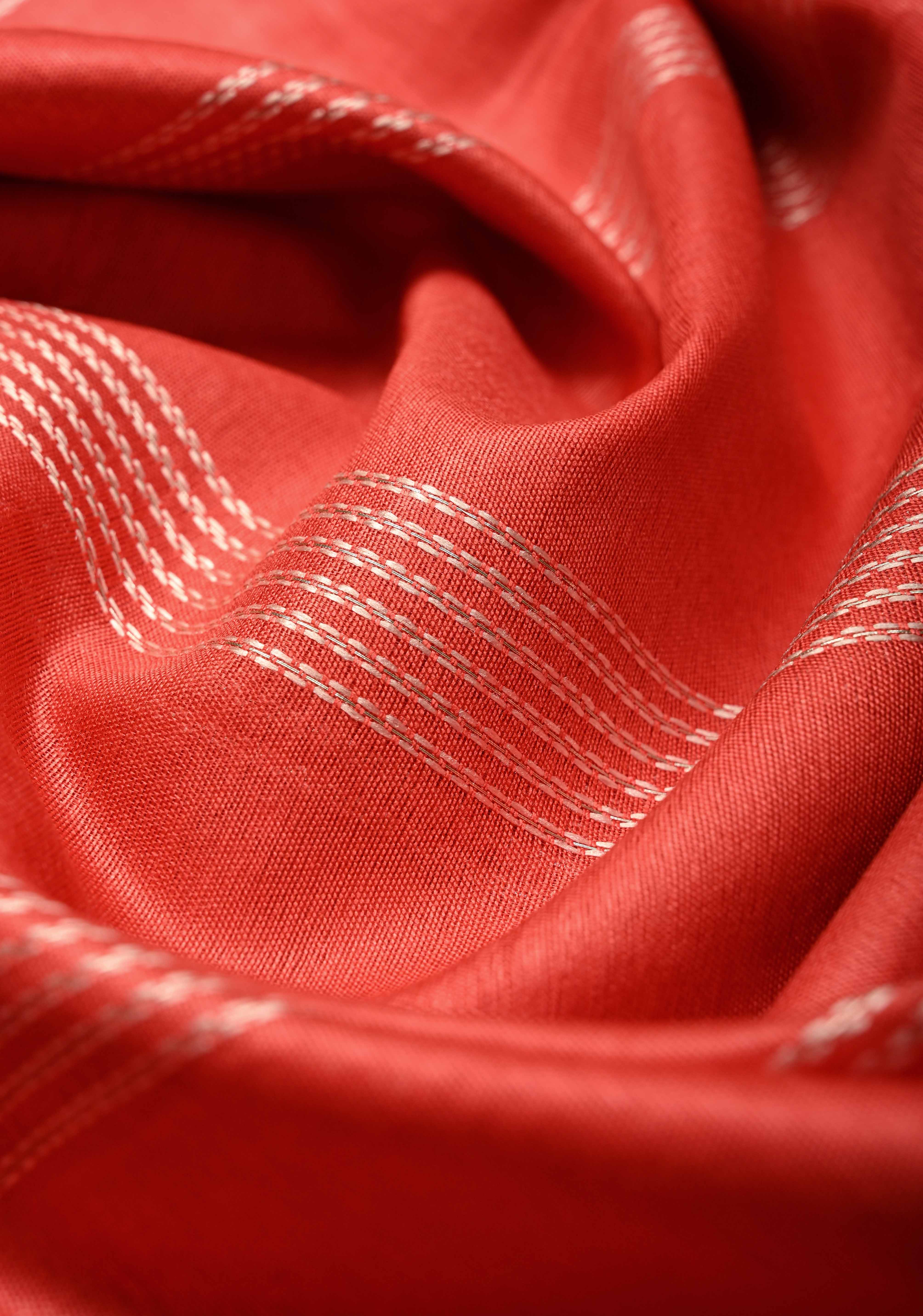 Red Orange Semi Tussar Saree with Thread Stripes and Tepmle Zari Border | Shobitam