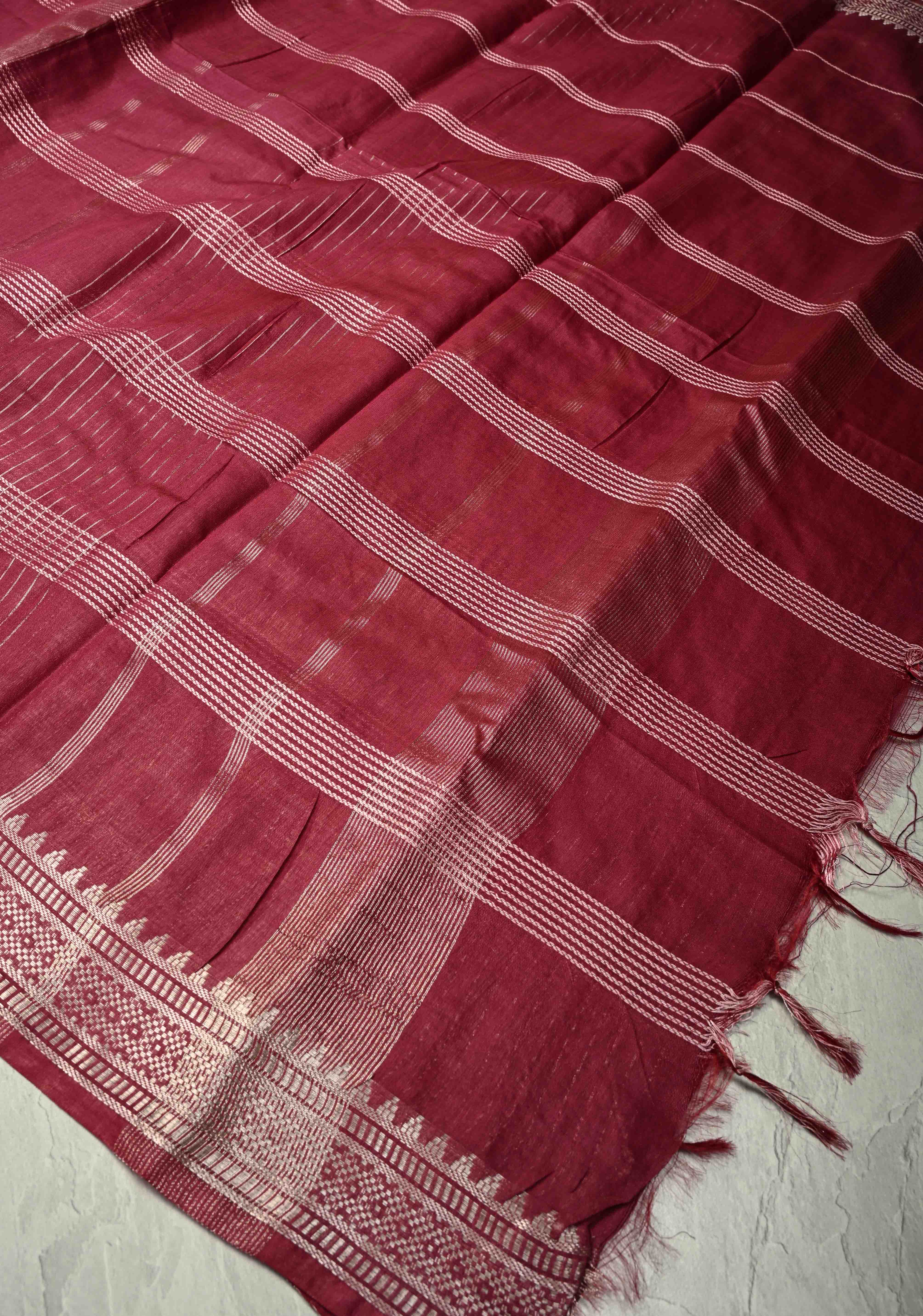 Magenta Semi Tussar Saree with Thread Stripes and Temple Zari Border | Shobitam