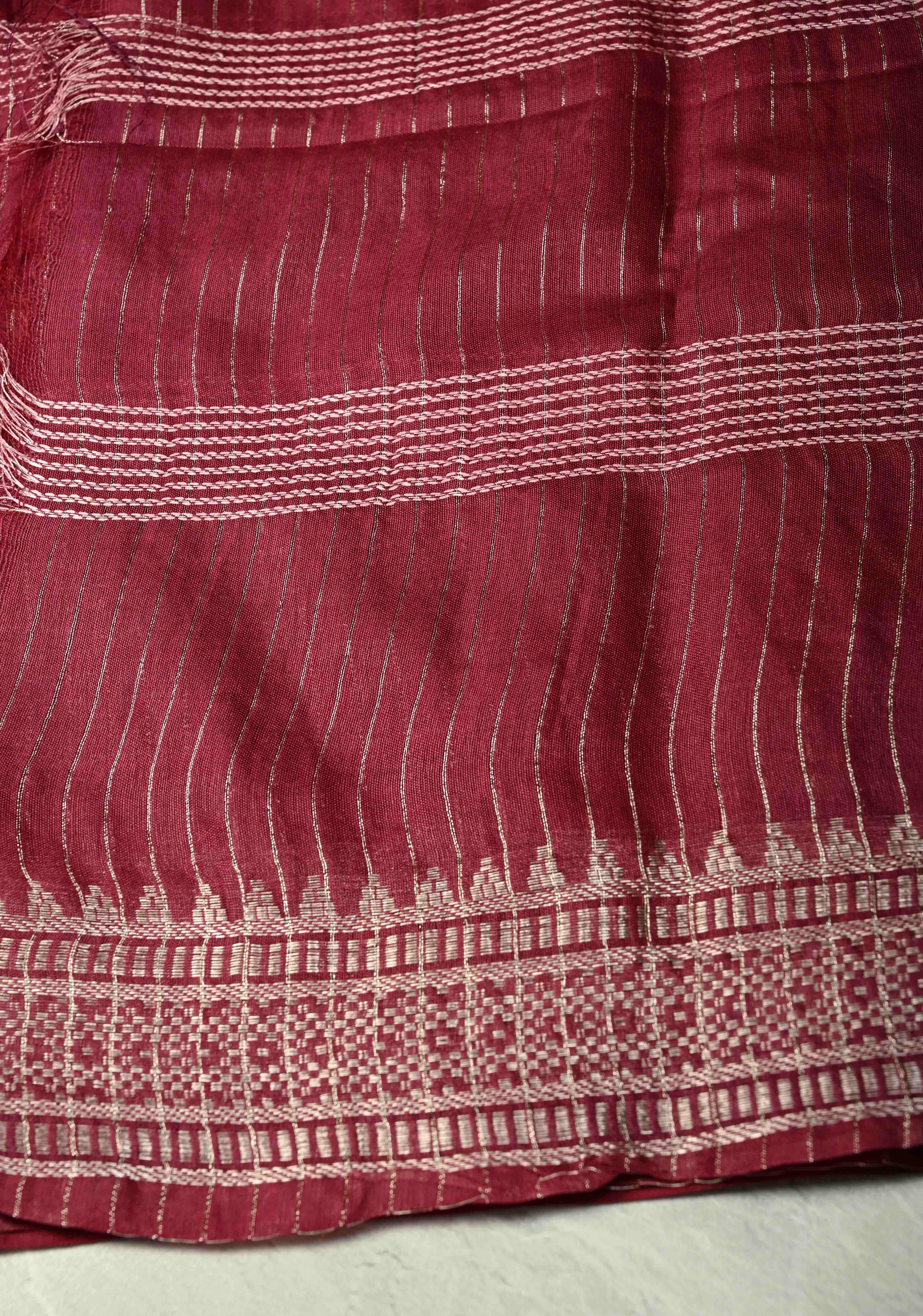 Magenta Semi Tussar Saree with Thread Stripes and Temple Zari Border | Shobitam