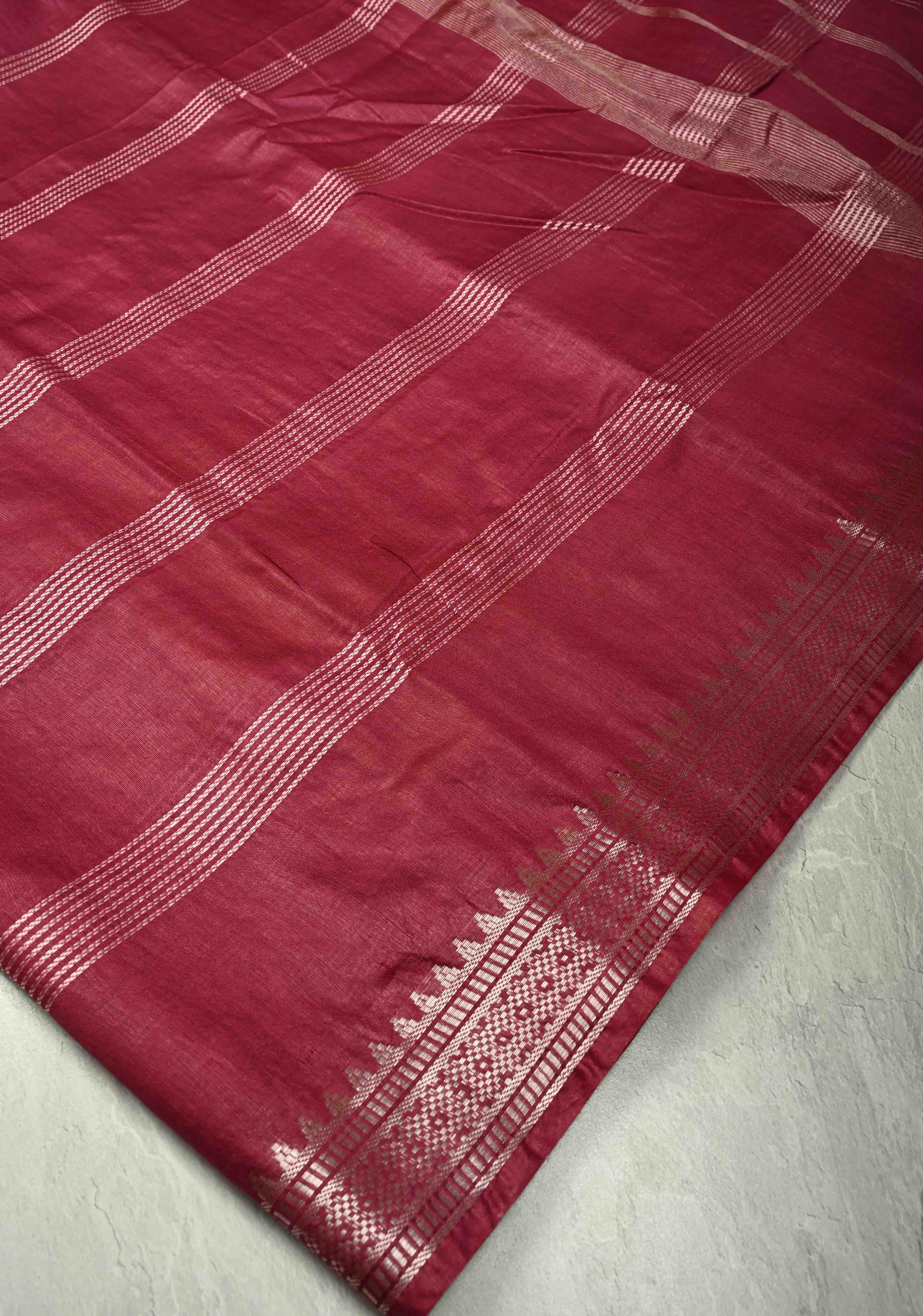 Magenta Semi Tussar Saree with Thread Stripes and Temple Zari Border | Shobitam