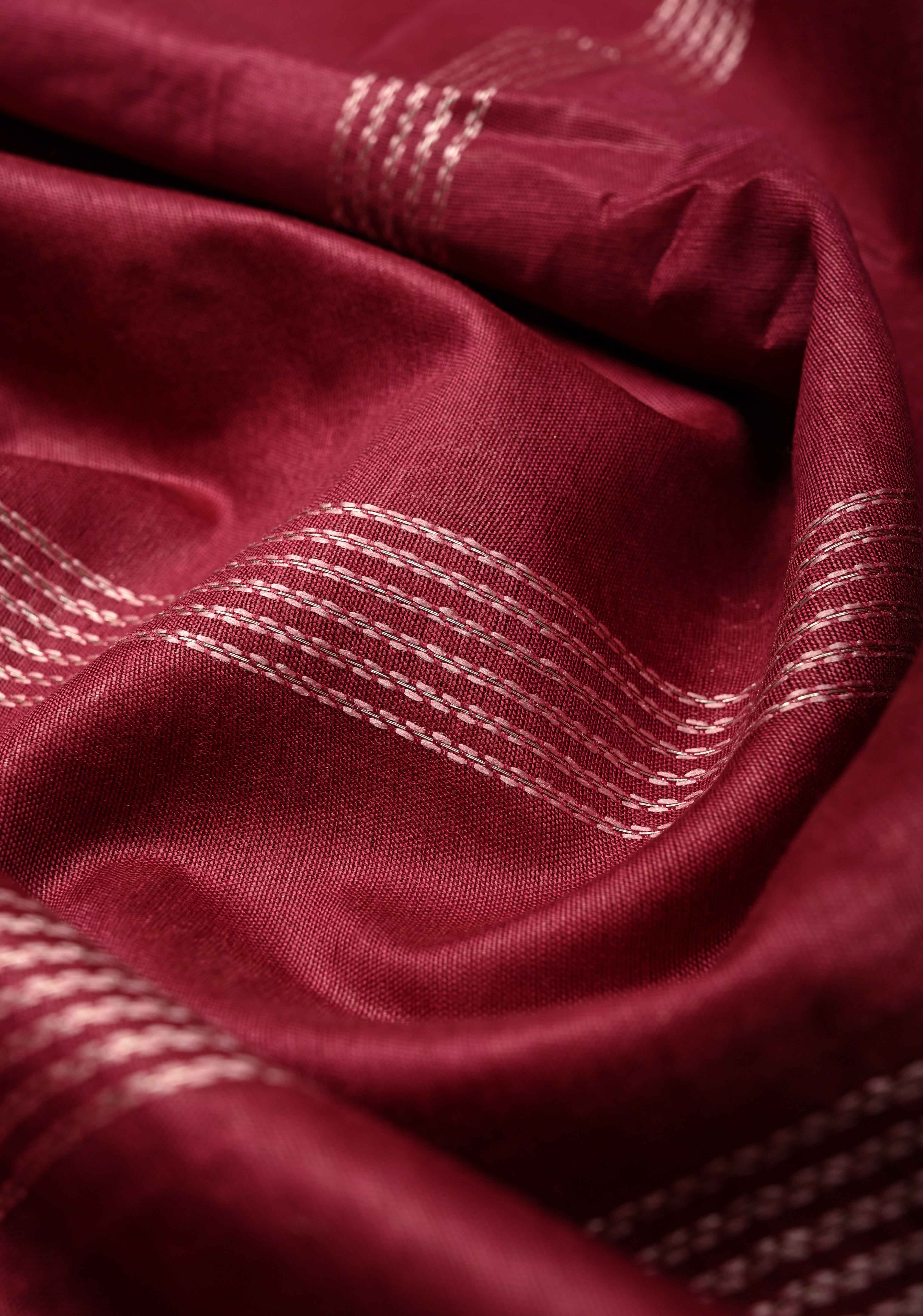 Magenta Semi Tussar Saree with Thread Stripes and Temple Zari Border | Shobitam