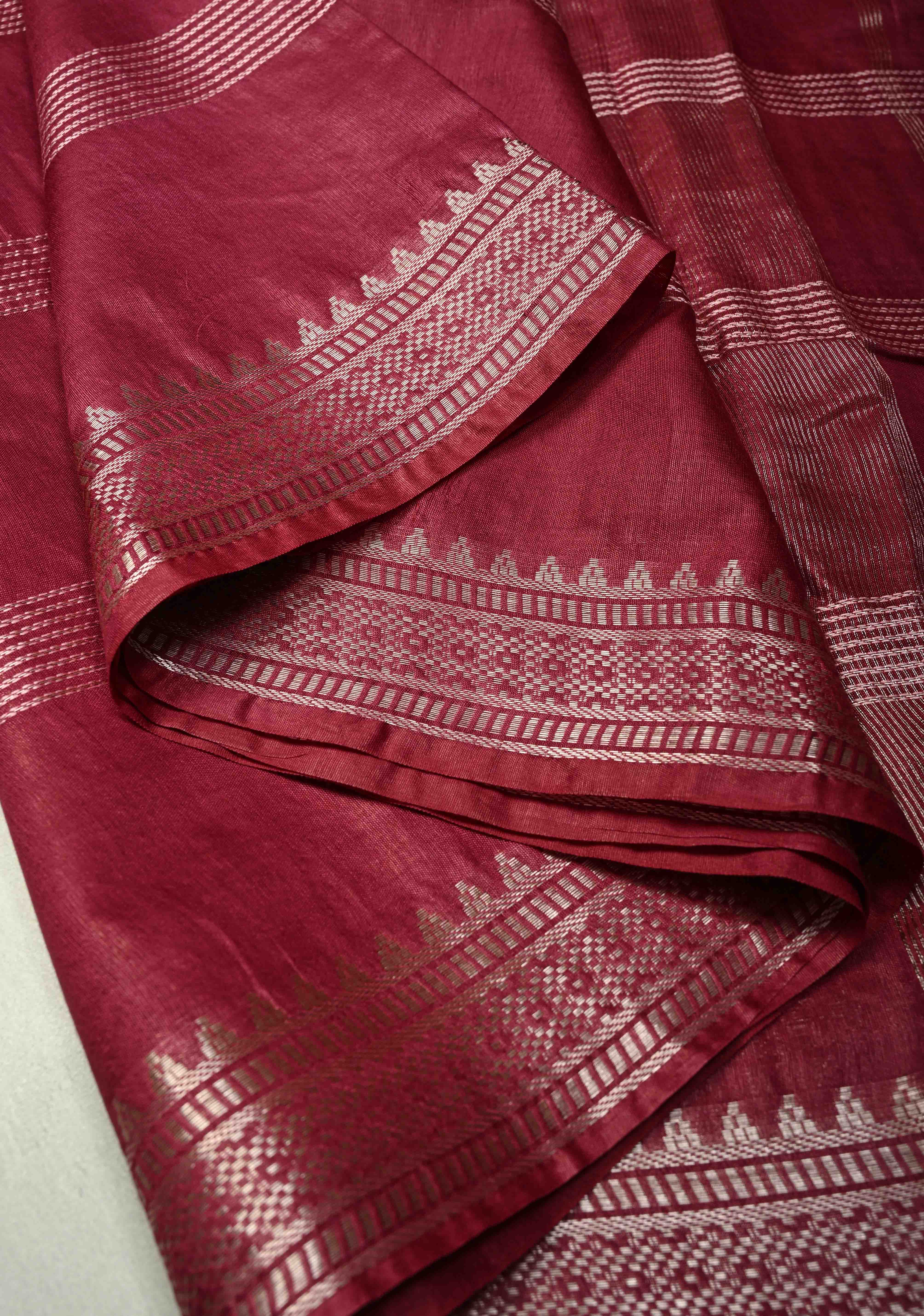 Magenta Semi Tussar Saree with Thread Stripes and Temple Zari Border | Shobitam