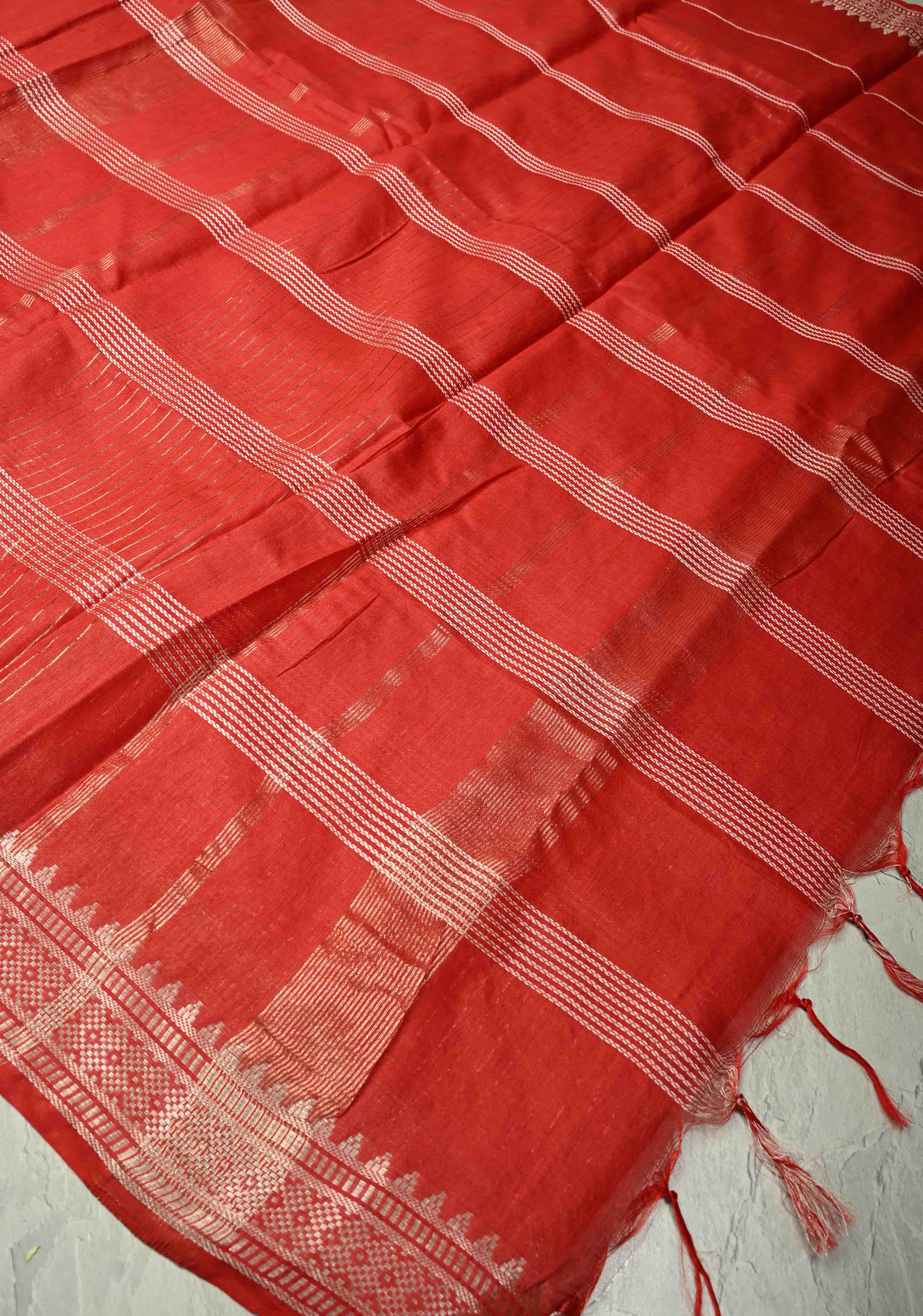 Scarlet Red Semi Tussar Saree with Thread Stripes and Temple Zari Border | Shobitam
