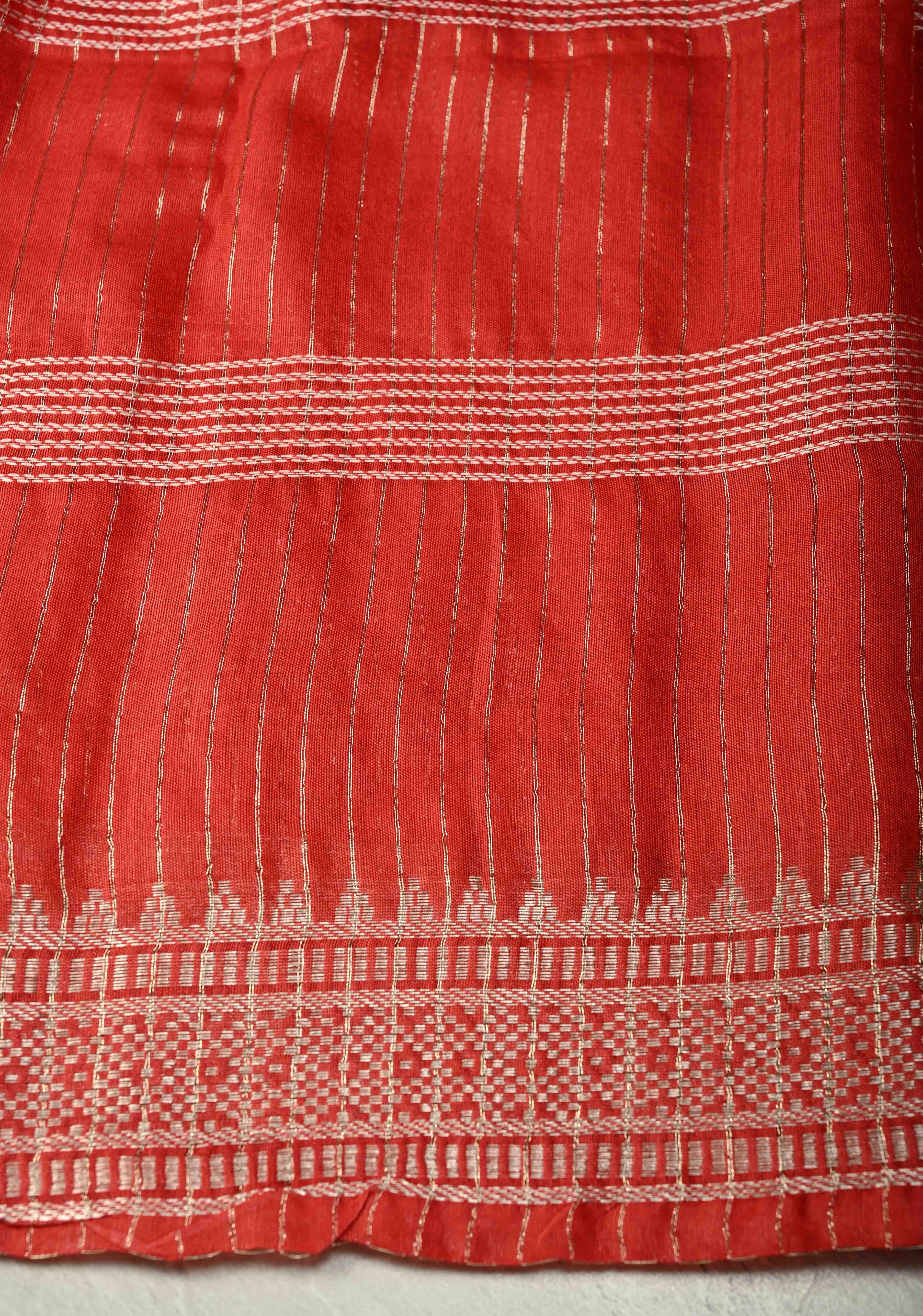 Scarlet Red Semi Tussar Saree with Thread Stripes and Temple Zari Border | Shobitam