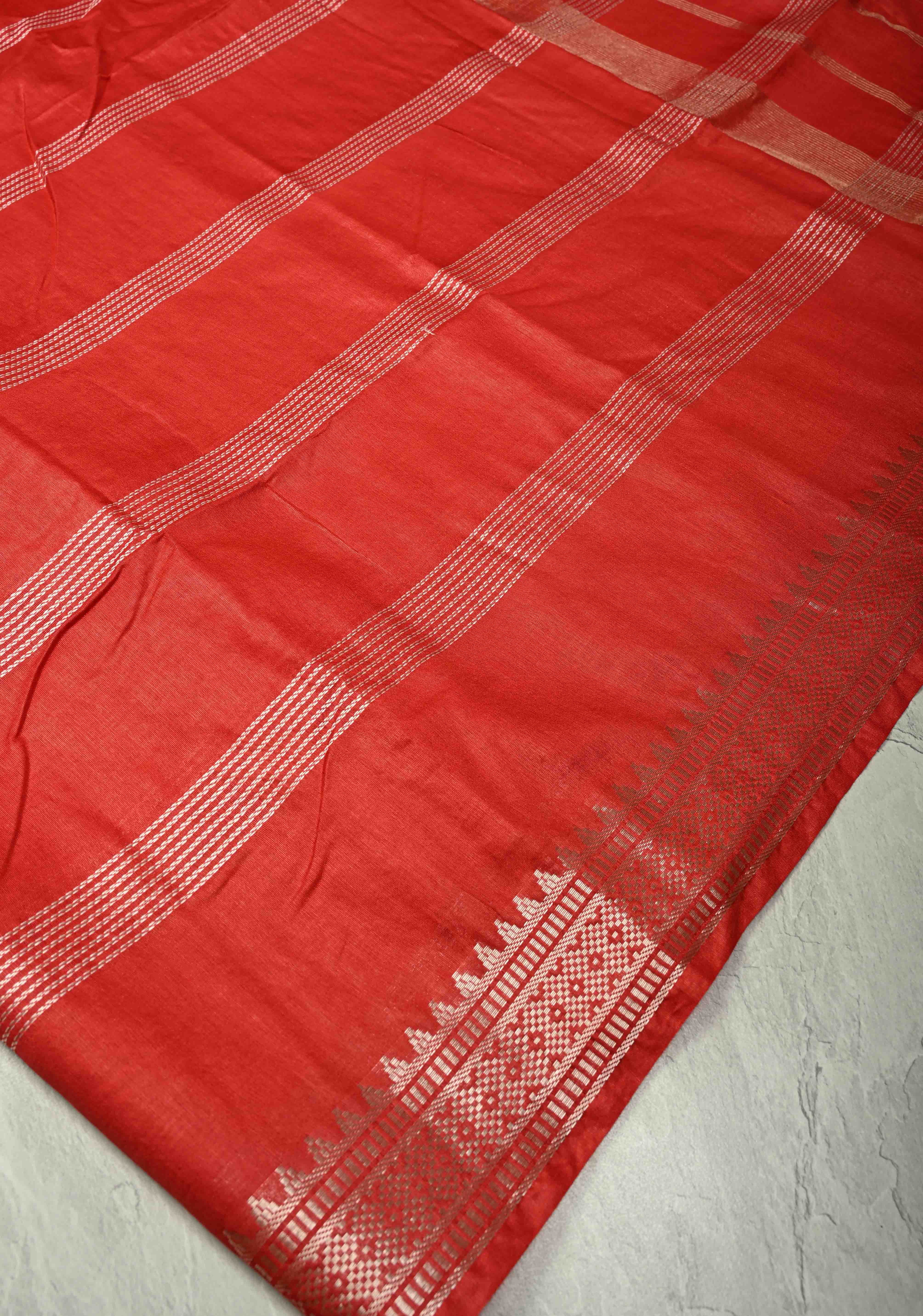 Scarlet Red Semi Tussar Saree with Thread Stripes and Temple Zari Border | Shobitam