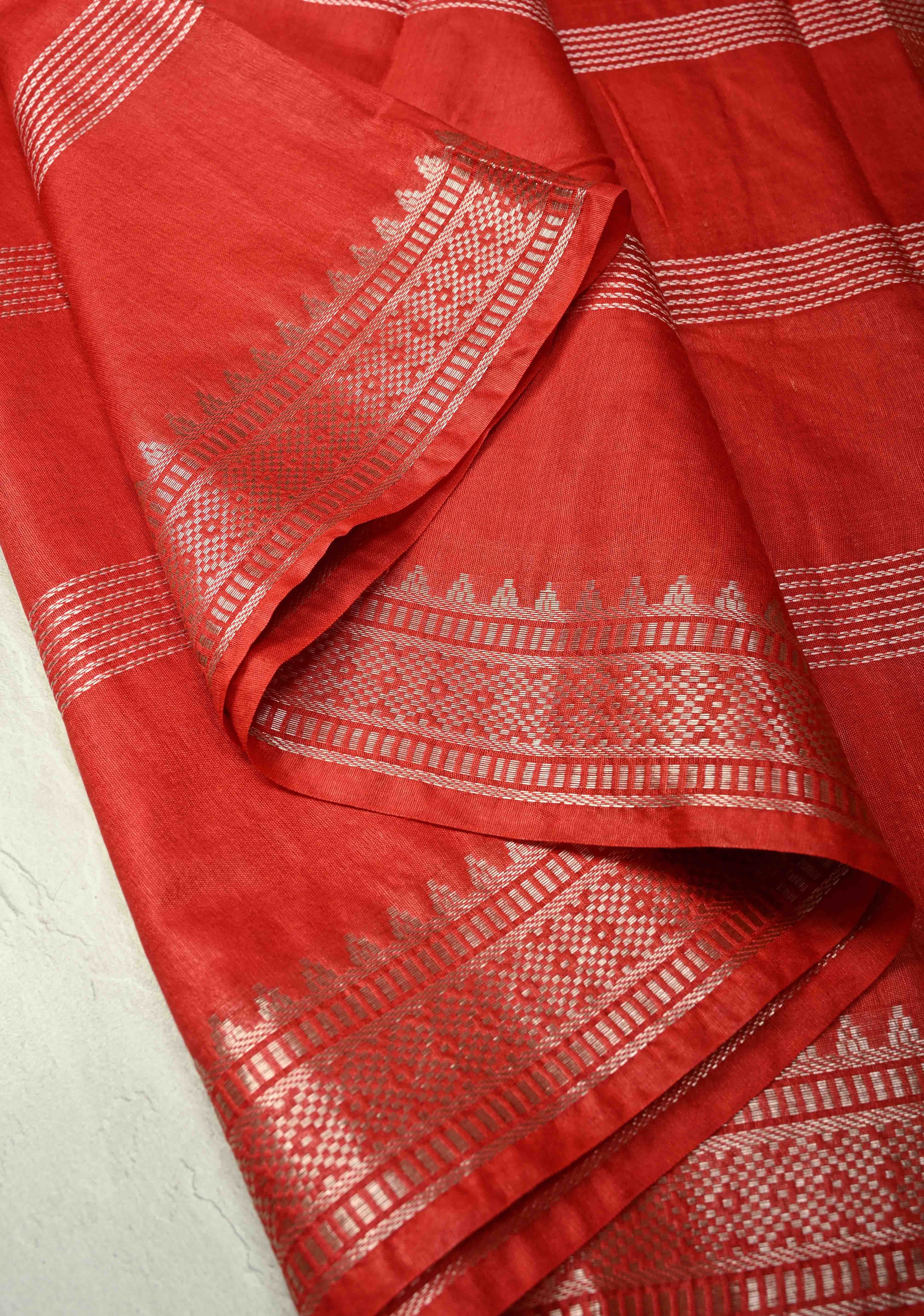 Scarlet Red Semi Tussar Saree with Thread Stripes and Temple Zari Border | Shobitam