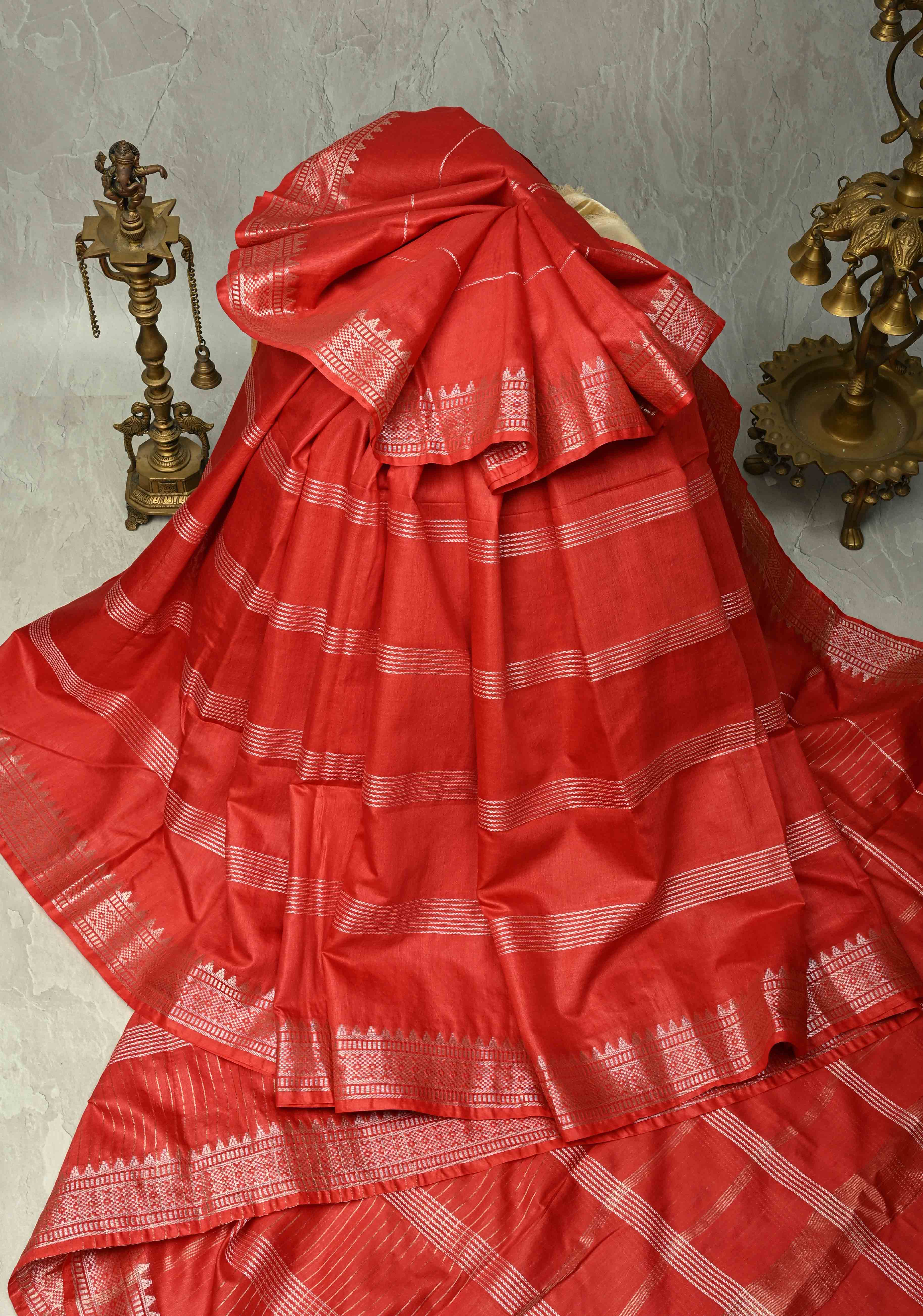 Scarlet Red Semi Tussar Saree with Thread Stripes and Temple Zari Border | Shobitam