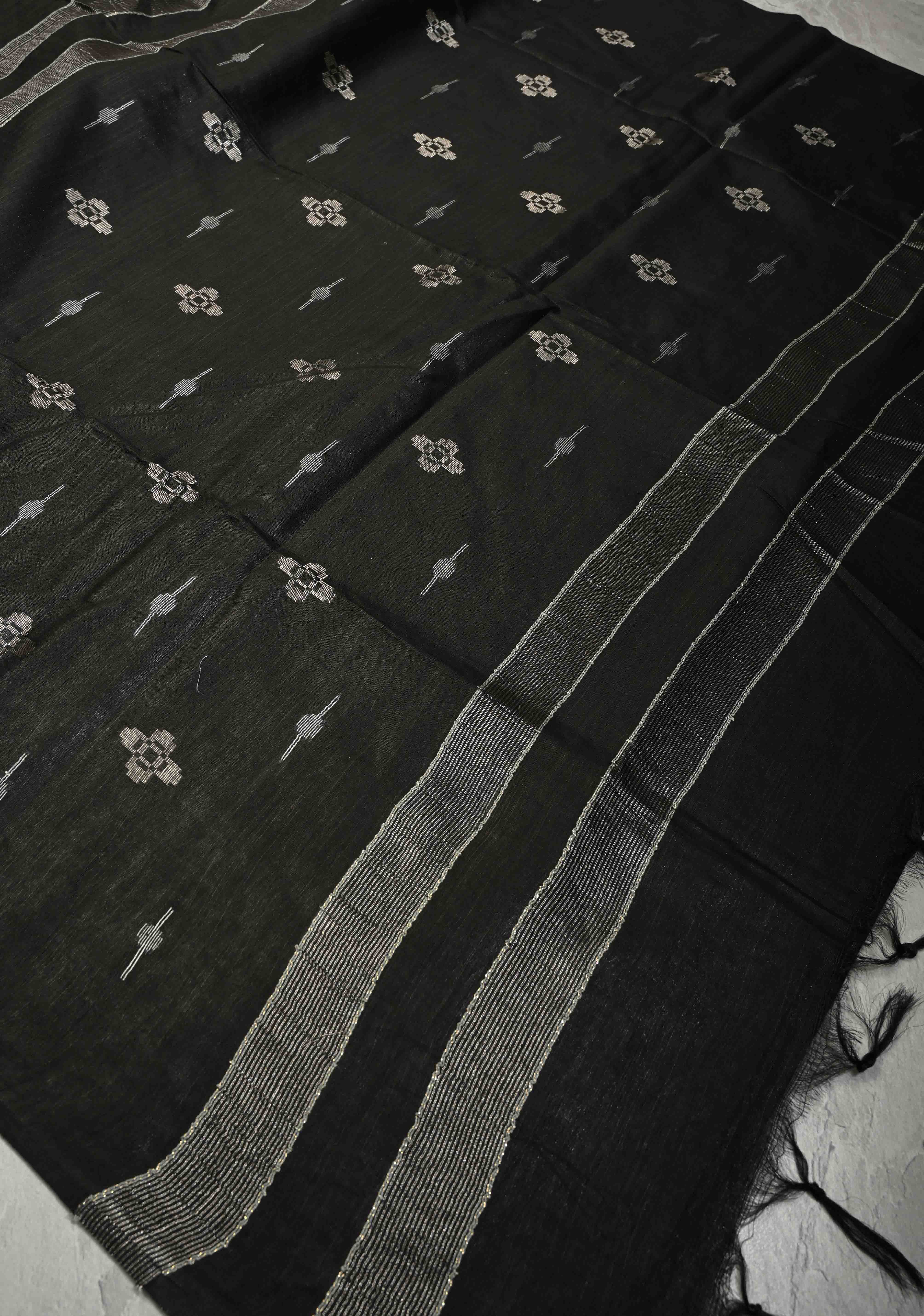 Black Borderless Semi Tussar Tissue Saree with Thread and Zari Buttas | Shobitam