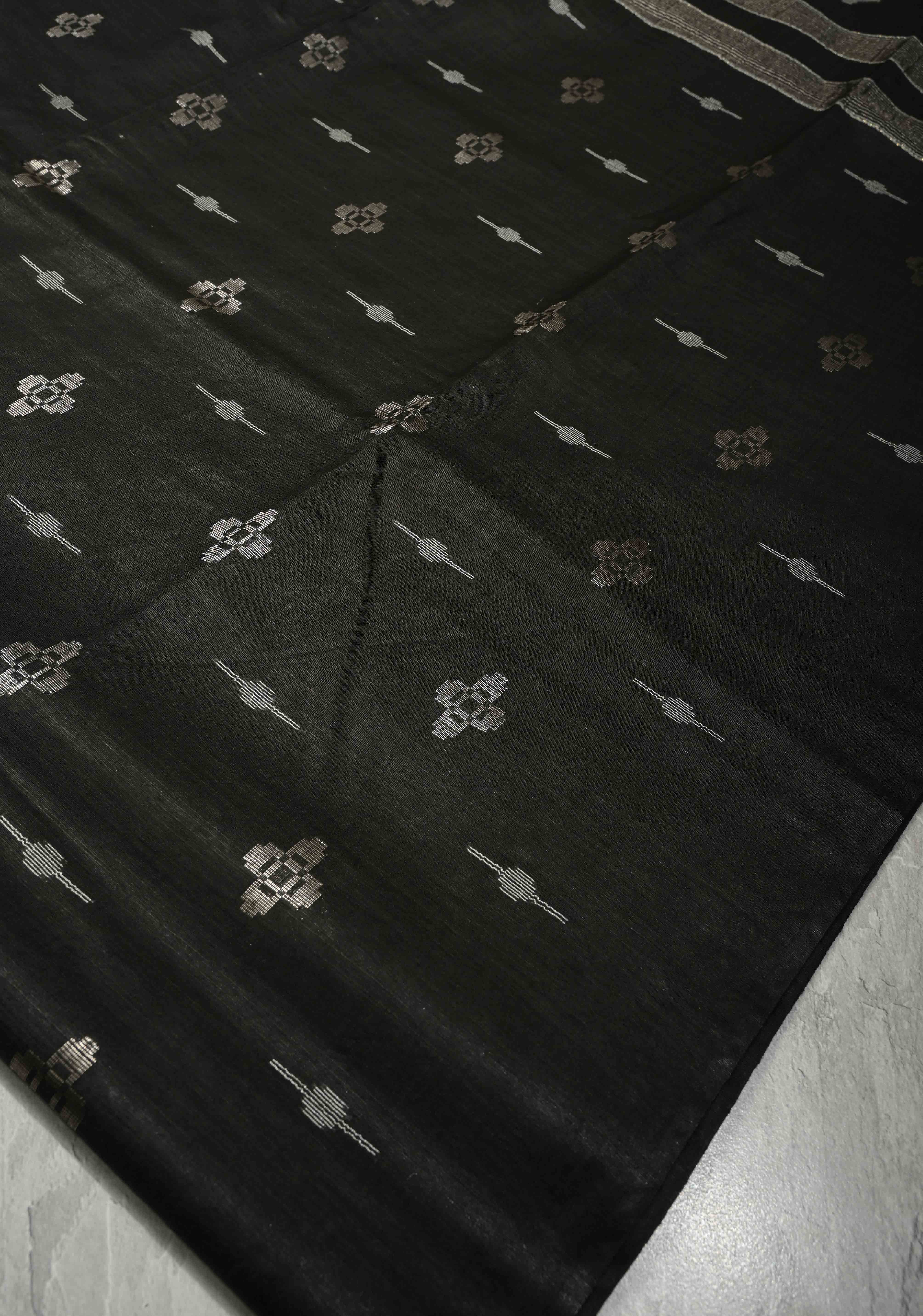 Black Borderless Semi Tussar Tissue Saree with Thread and Zari Buttas | Shobitam