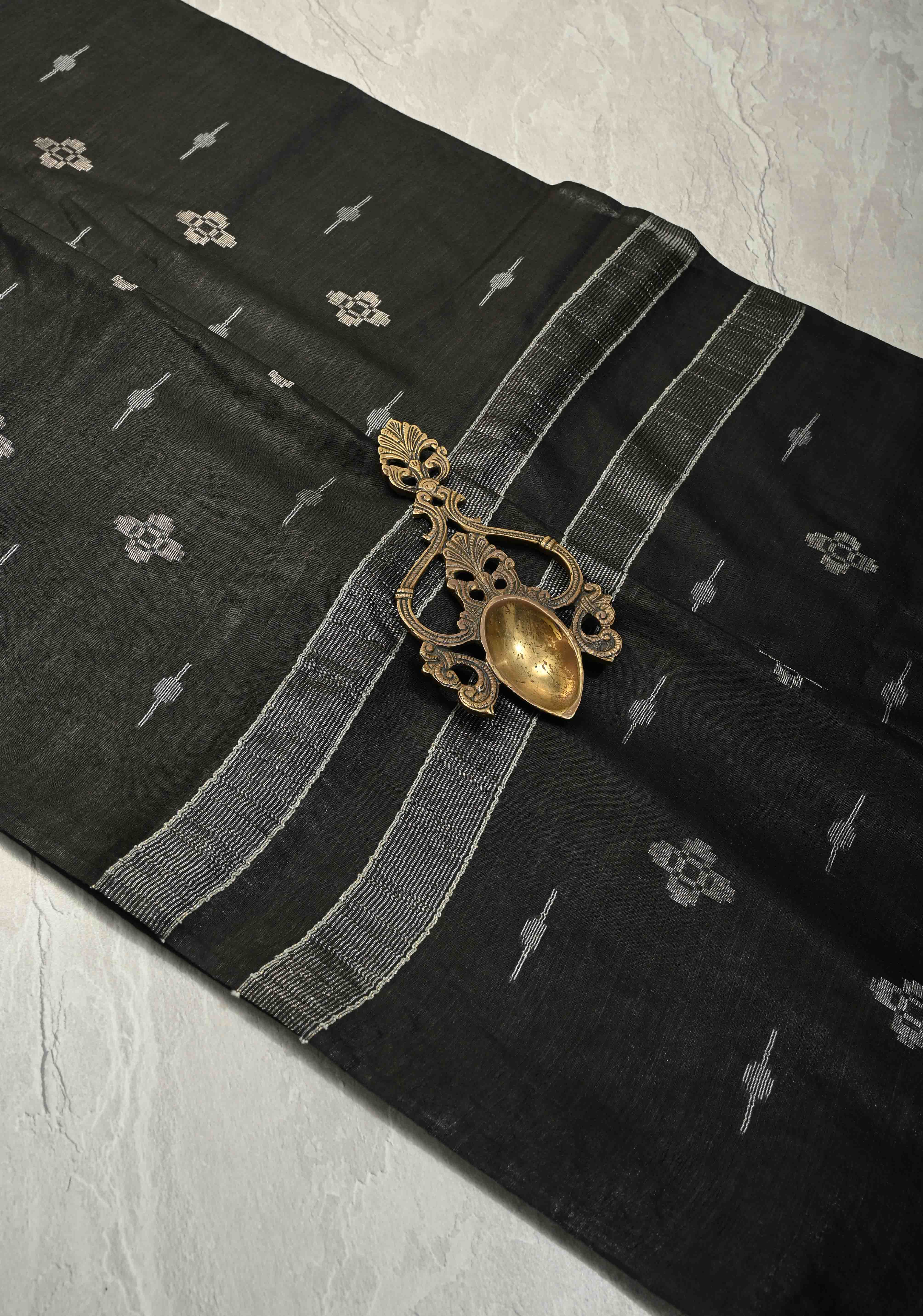 Black Borderless Semi Tussar Tissue Saree with Thread and Zari Buttas