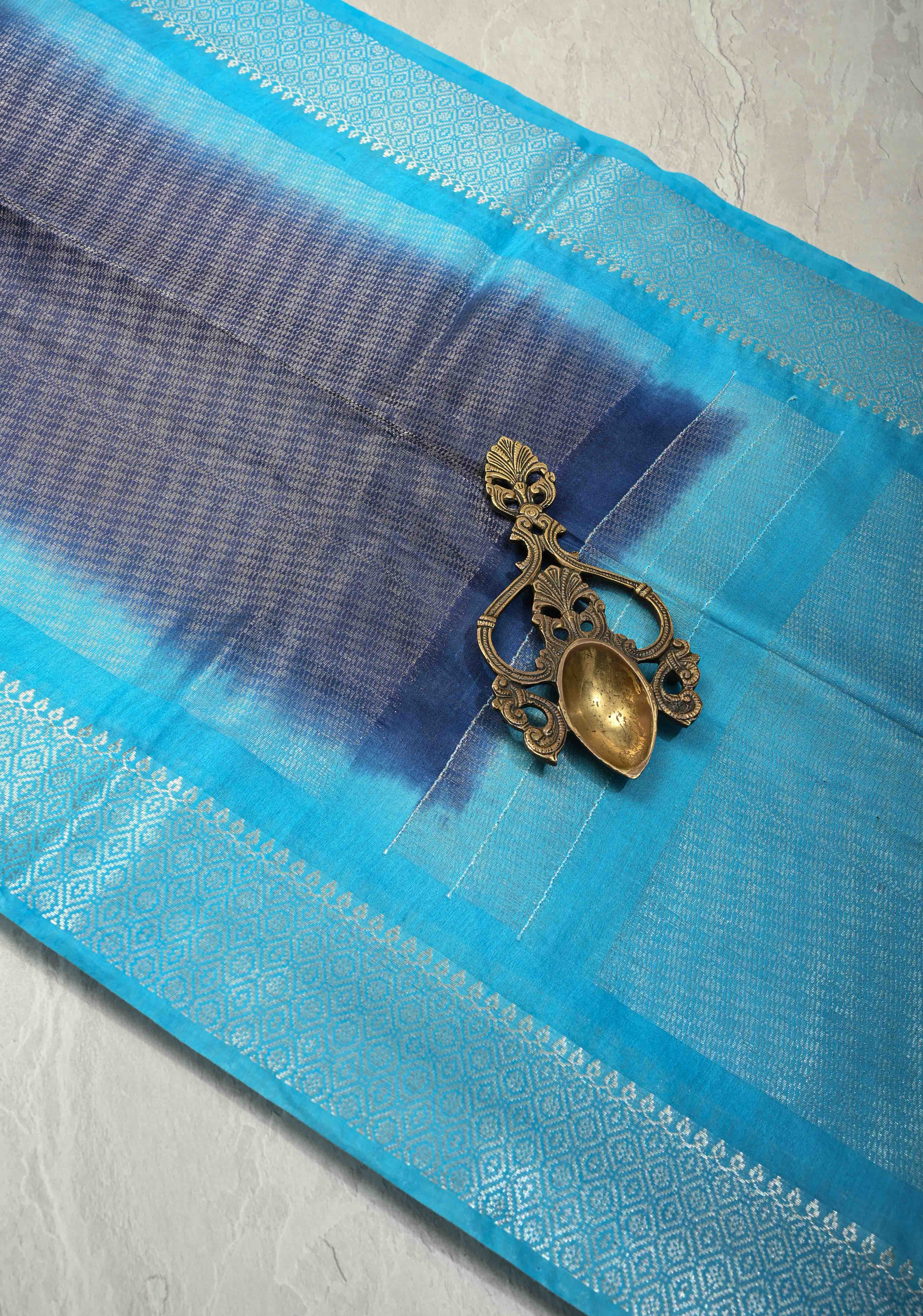 Navy Blue Semi Tussar Tissue Saree with Contrast Silver Zari Border | Shobitam