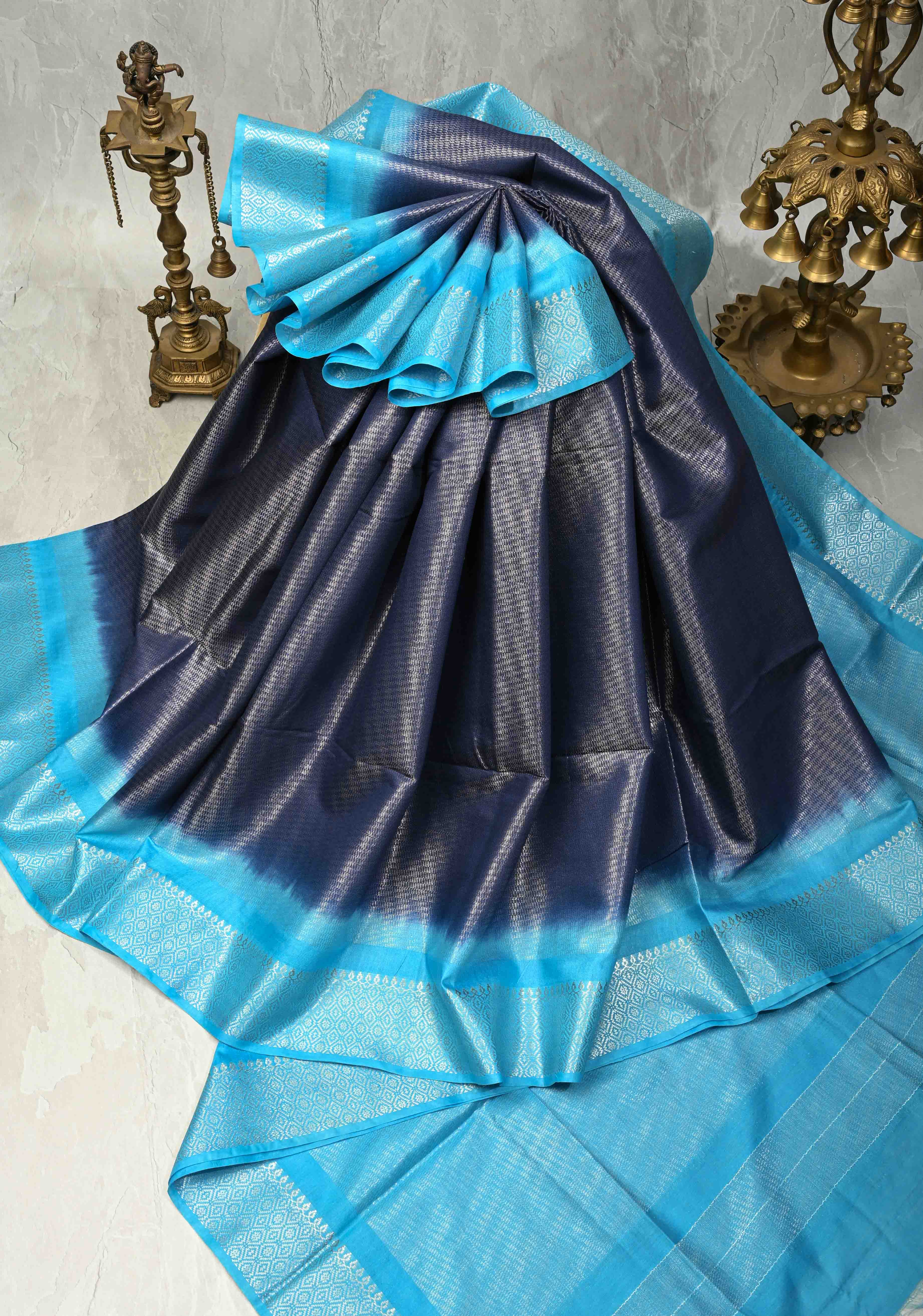 Navy Blue Semi Tussar Tissue Saree with Contrast Silver Zari Border