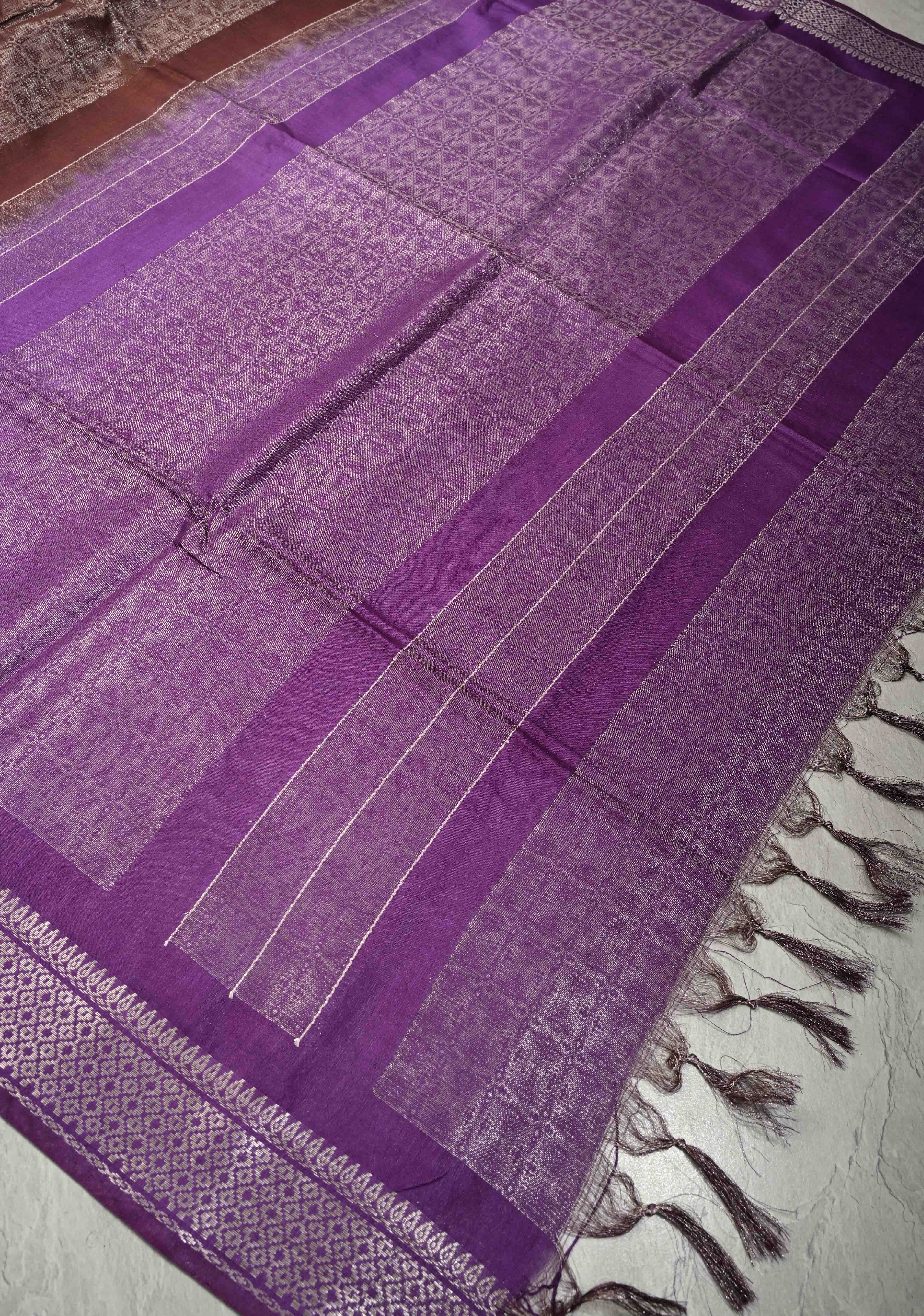 Coffee Brown Semi Tussar Tissue Saree with Contrast Silver Zari Border | Shobitam