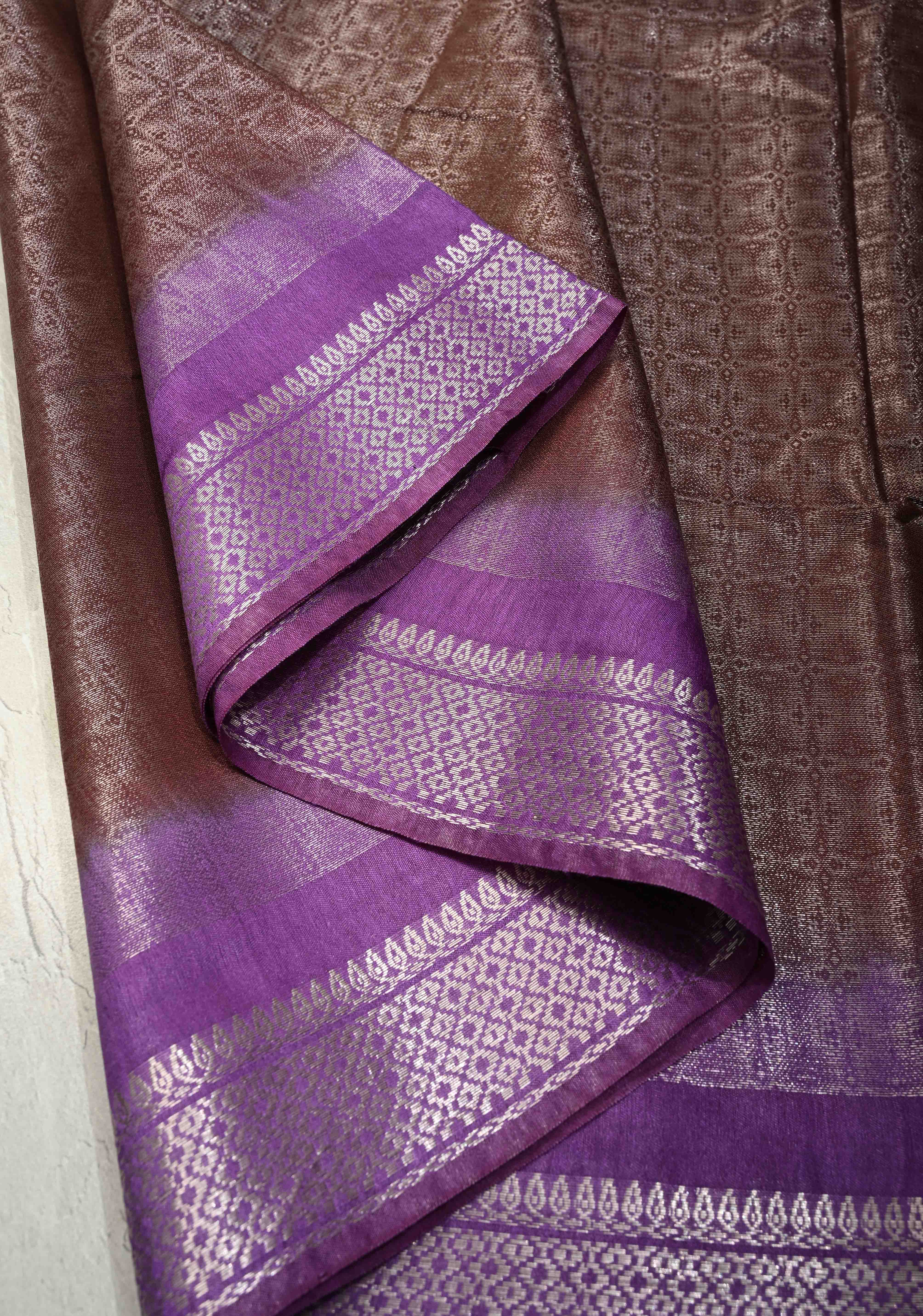 Coffee Brown Semi Tussar Tissue Saree with Contrast Silver Zari Border | Shobitam