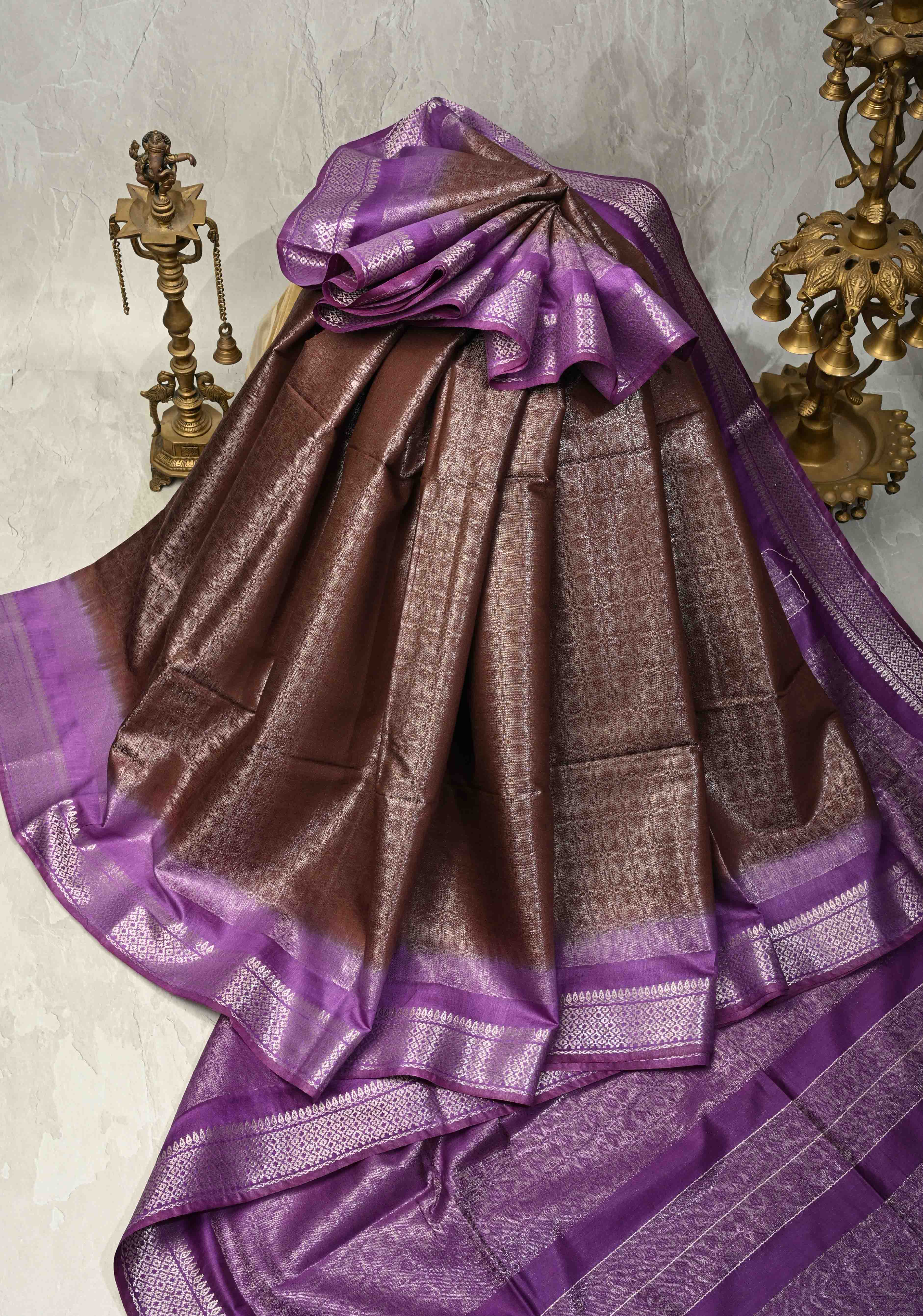 Coffee Brown Semi Tussar Tissue Saree with Contrast Silver Zari Border | Shobitam