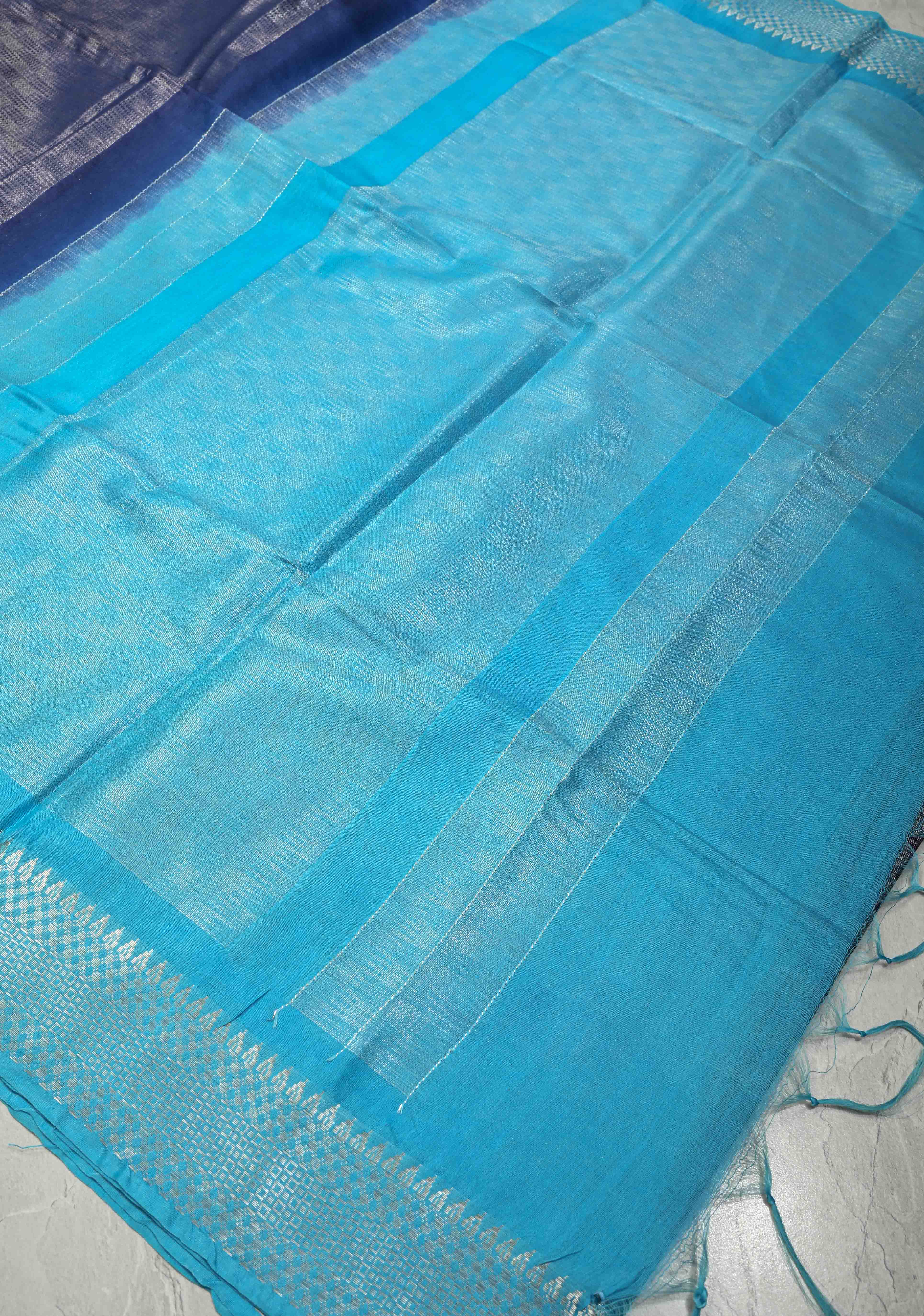 Midnight Navy Blue Semi Tussar Tissue Saree with Contrast Silver Zari Border | Shobitam