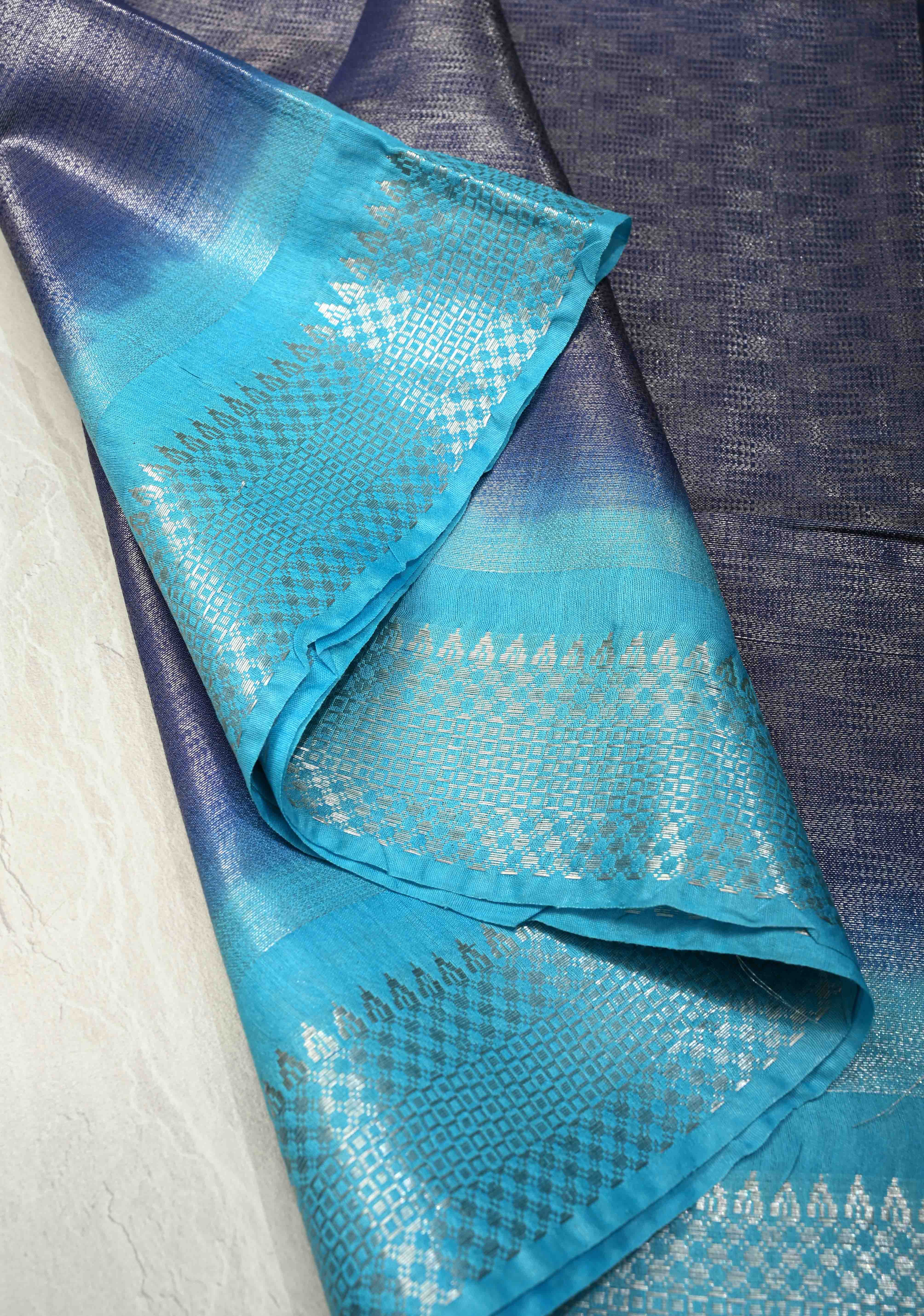 Midnight Navy Blue Semi Tussar Tissue Saree with Contrast Silver Zari Border | Shobitam