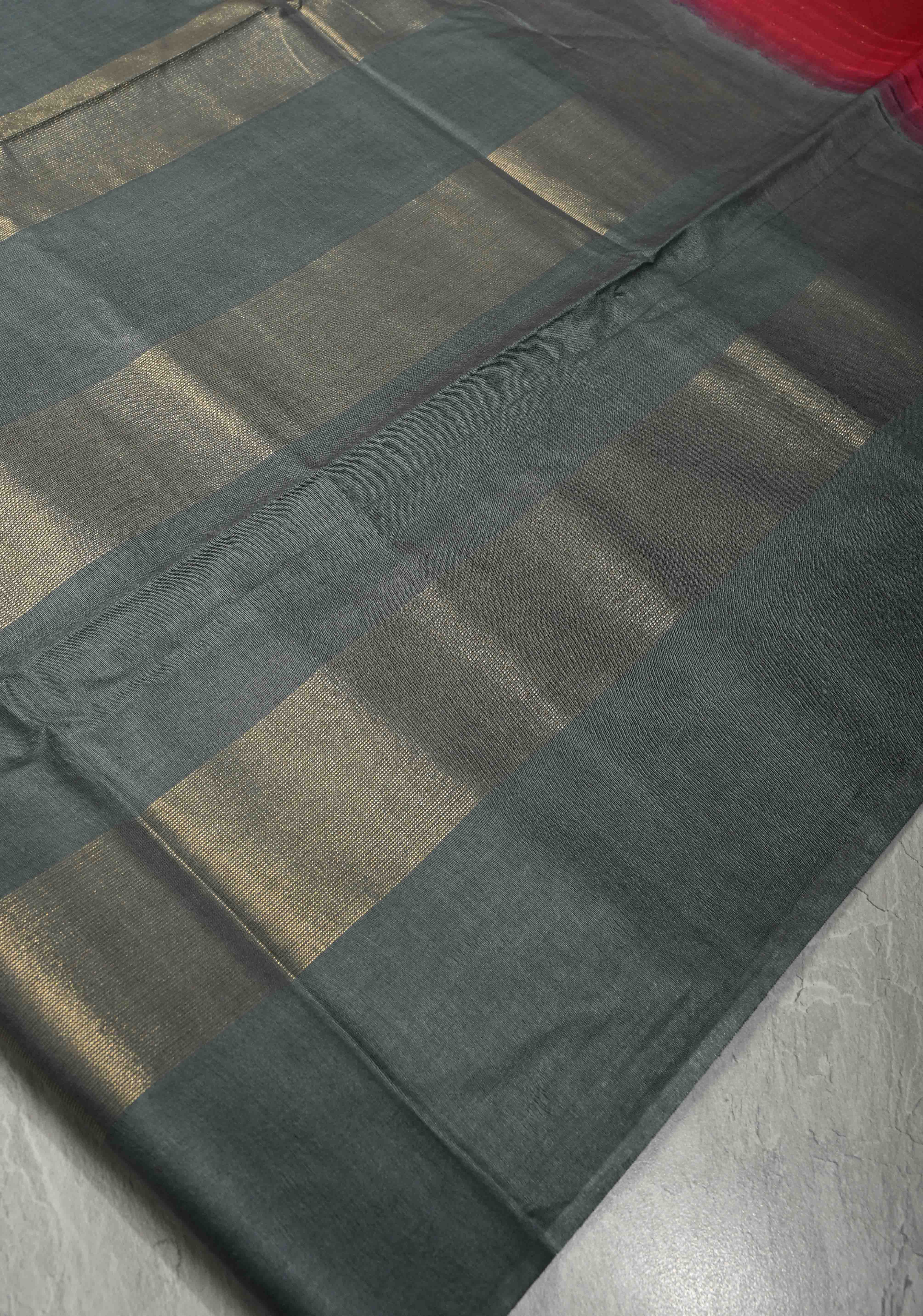 Gray Borderless Semi Tussar Saree with Muted Tissue Panel and Contrast Sequins Pallu