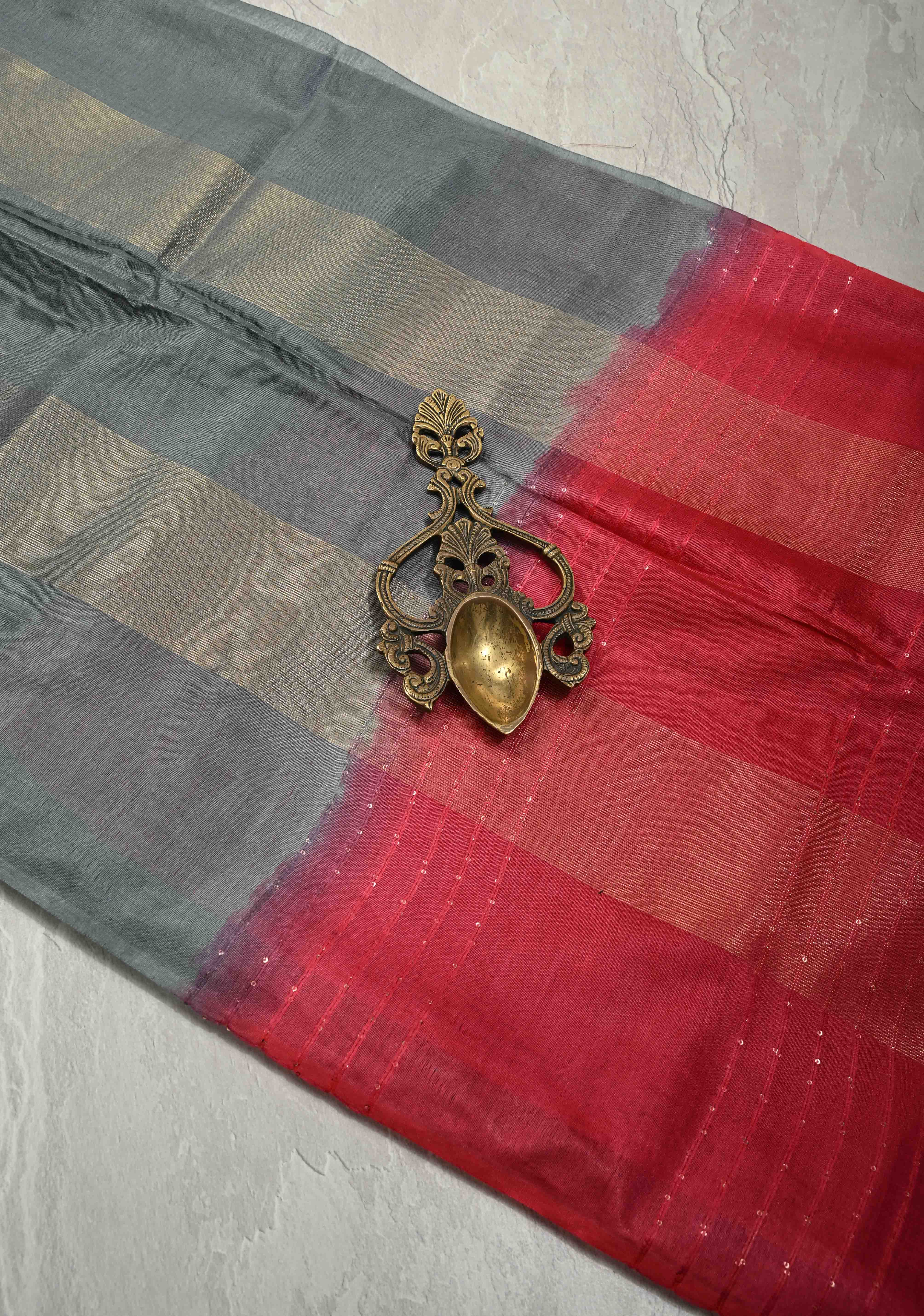 Gray Borderless Semi Tussar Saree with Muted Tissue Panel and Contrast Sequins Pallu