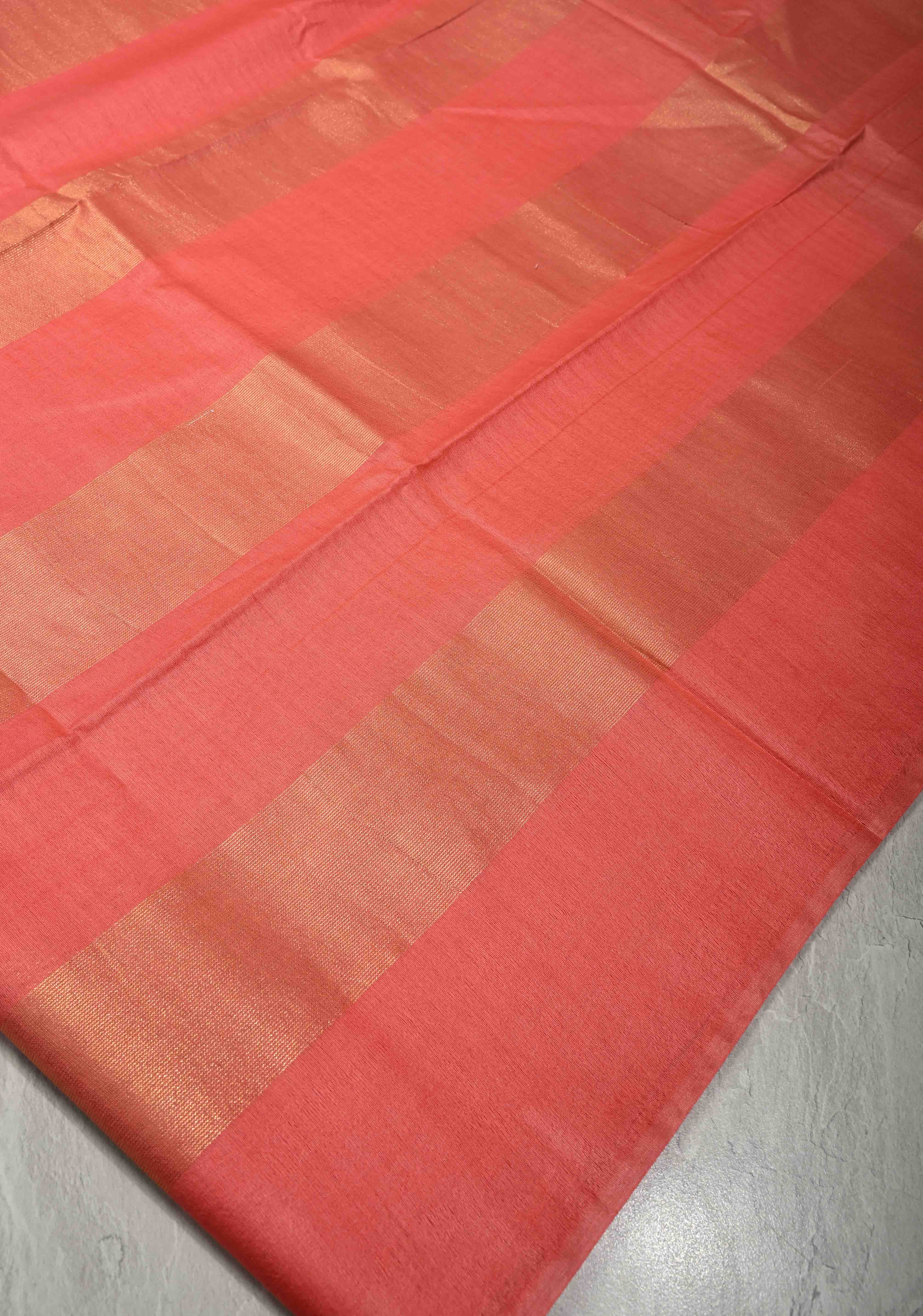Salmon Pink Borderless Semi Tussar Saree with Muted Tissue Panel and Contrast Sequins Pallu | Shobitam