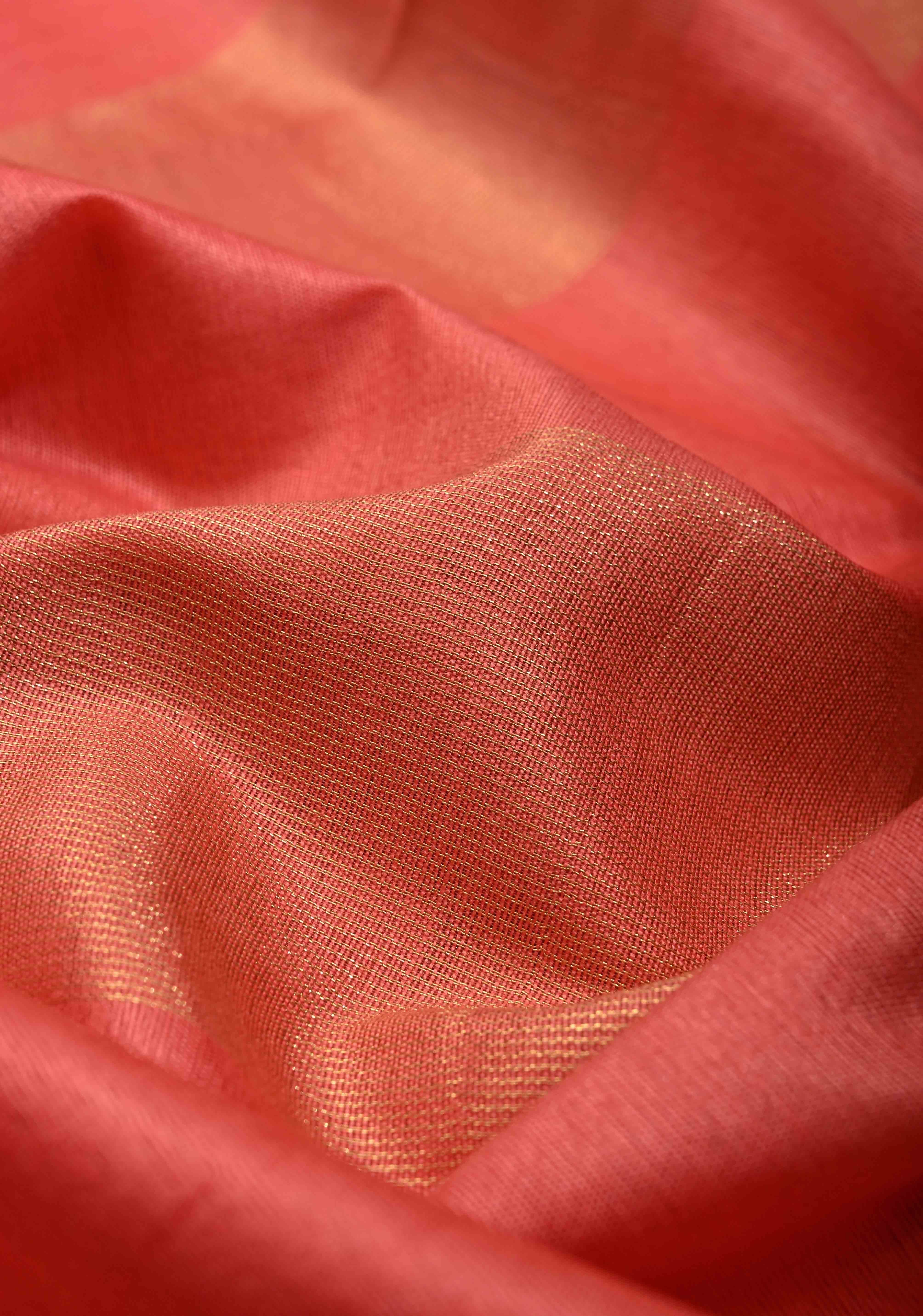 Salmon Pink Borderless Semi Tussar Saree with Muted Tissue Panel and Contrast Sequins Pallu | Shobitam