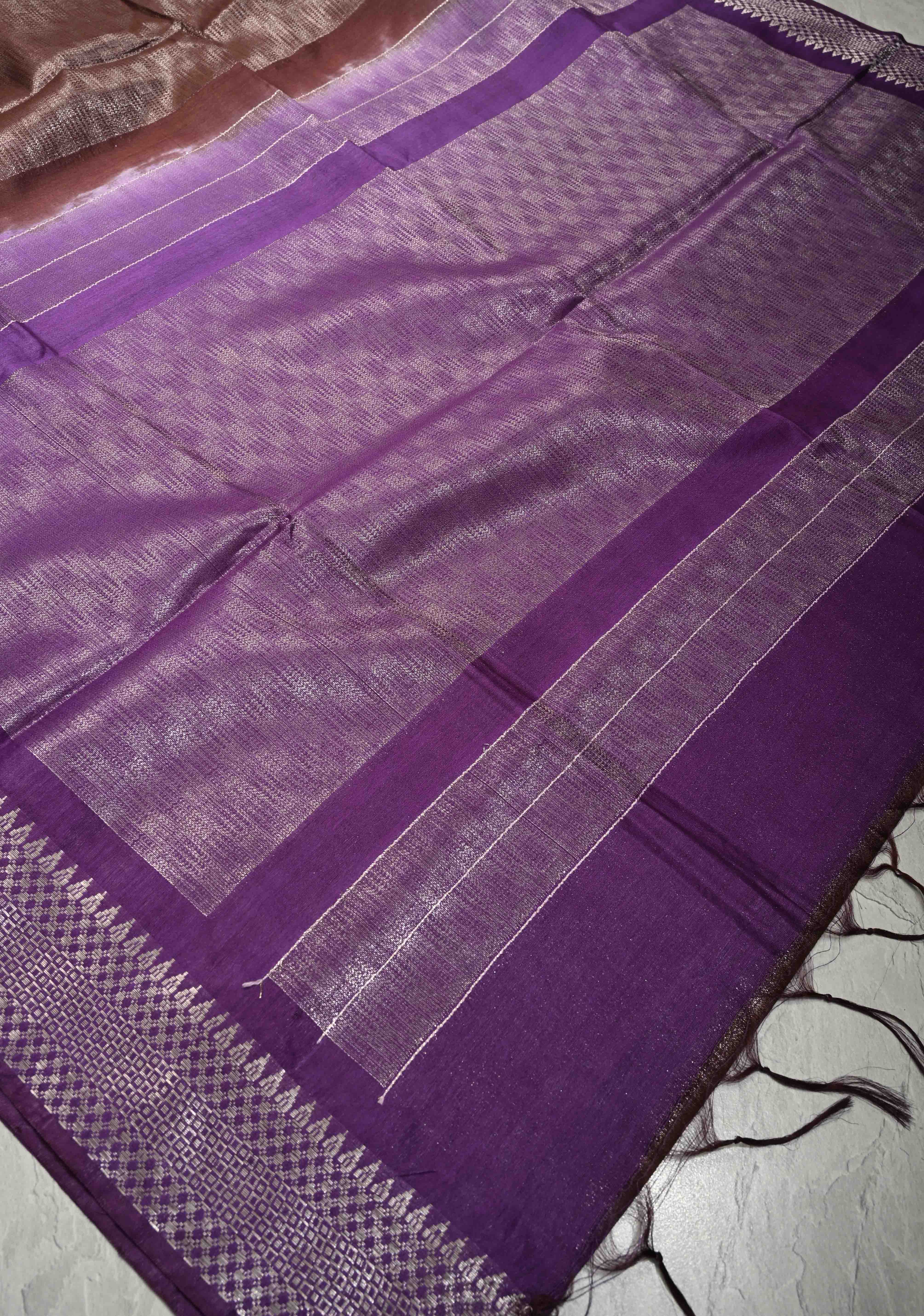 Brown Semi Tussar Tissue Saree with Contrast Zari Border and Pallu | Shobitam