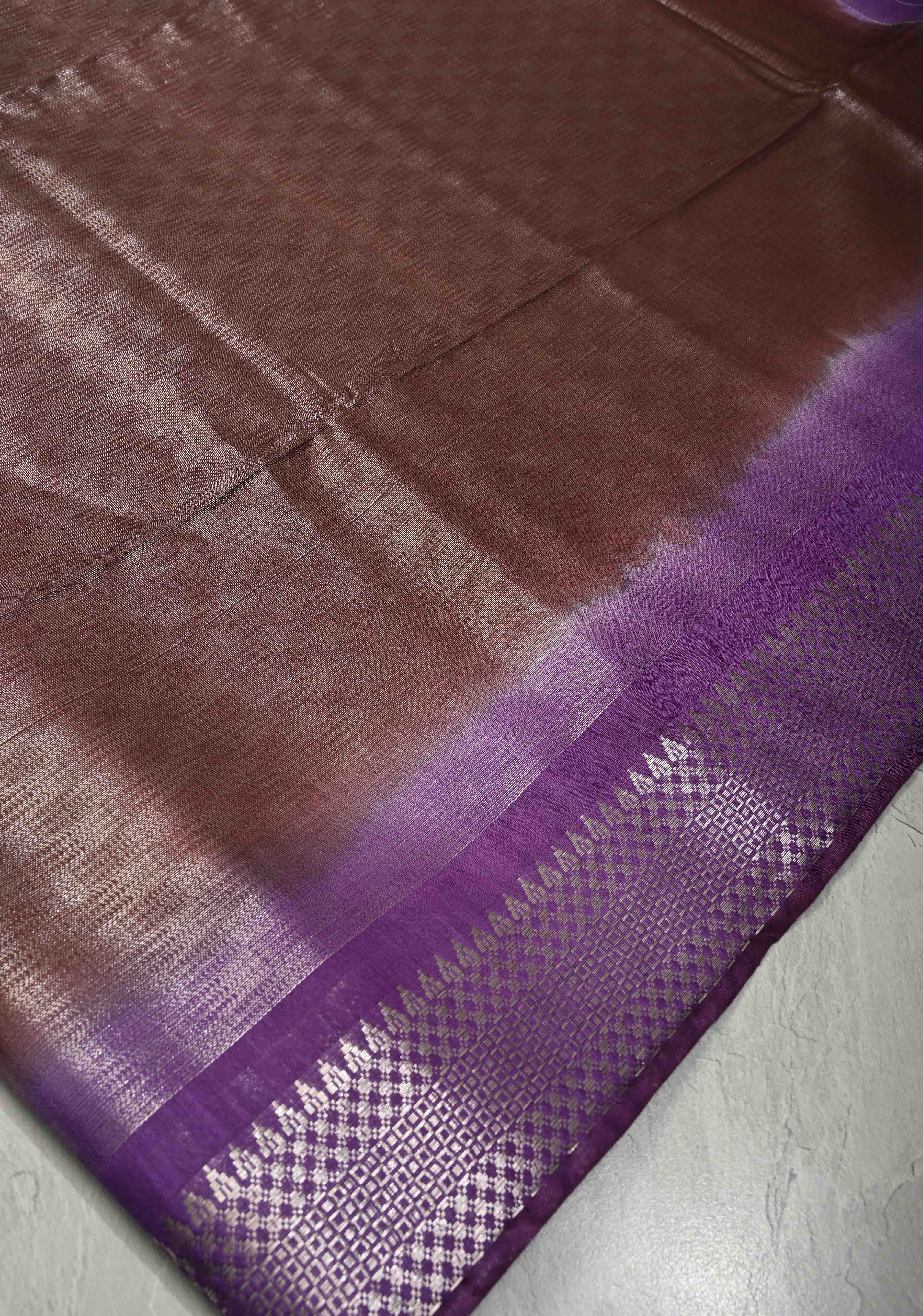 Brown Semi Tussar Tissue Saree with Contrast Zari Border and Pallu | Shobitam