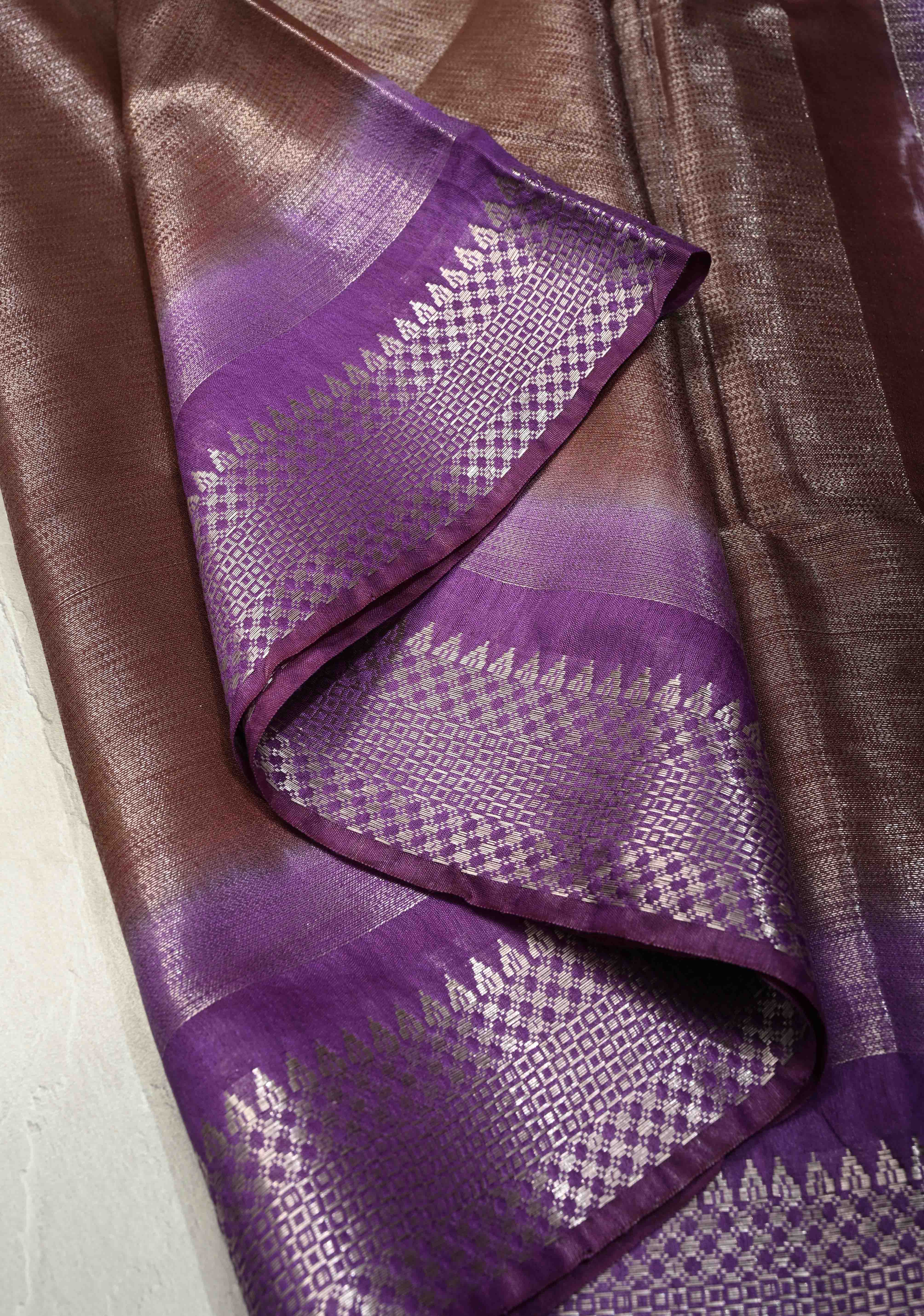 Brown Semi Tussar Tissue Saree with Contrast Zari Border and Pallu | Shobitam