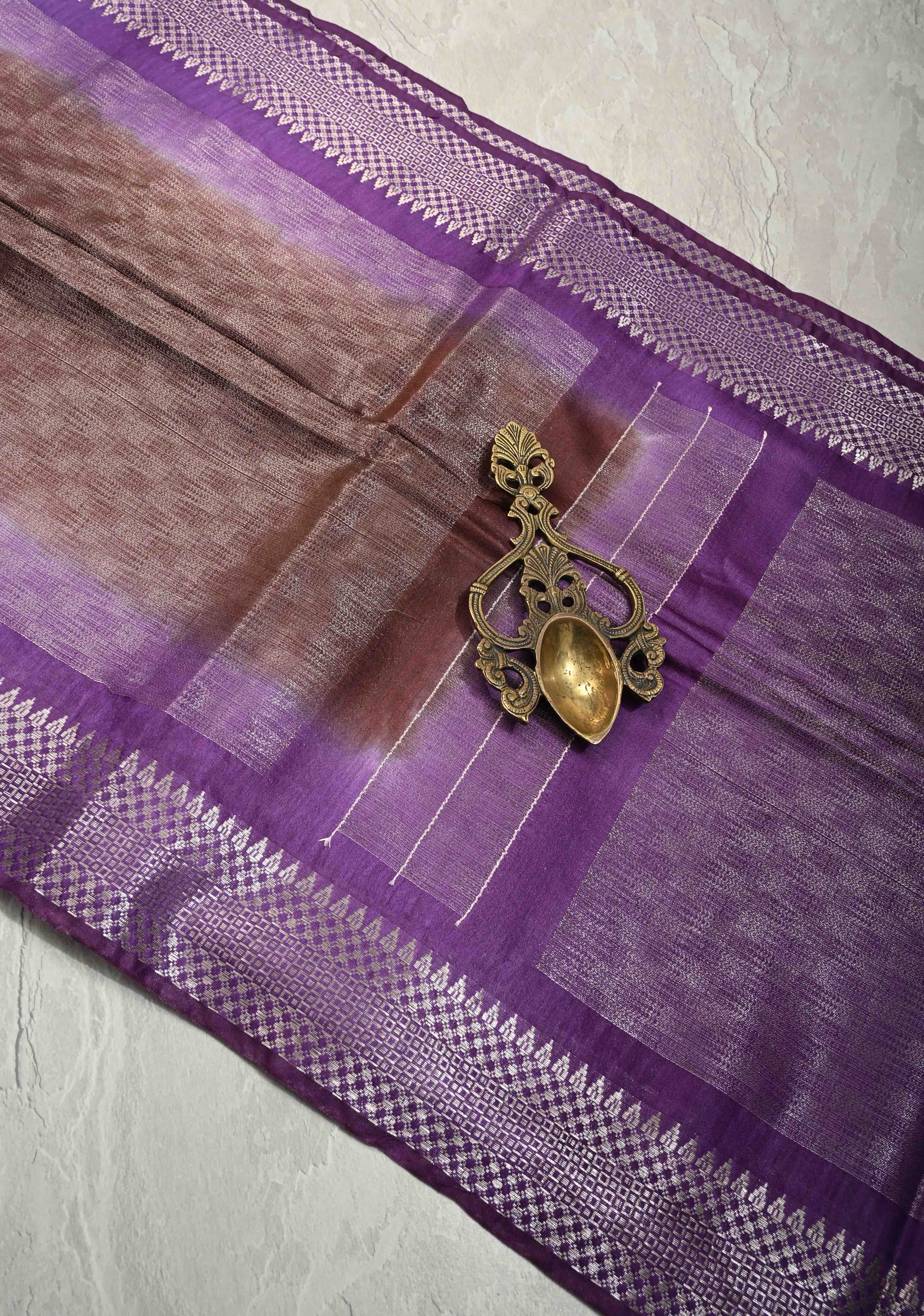 Brown Semi Tussar Tissue Saree with Contrast Zari Border and Pallu | Shobitam