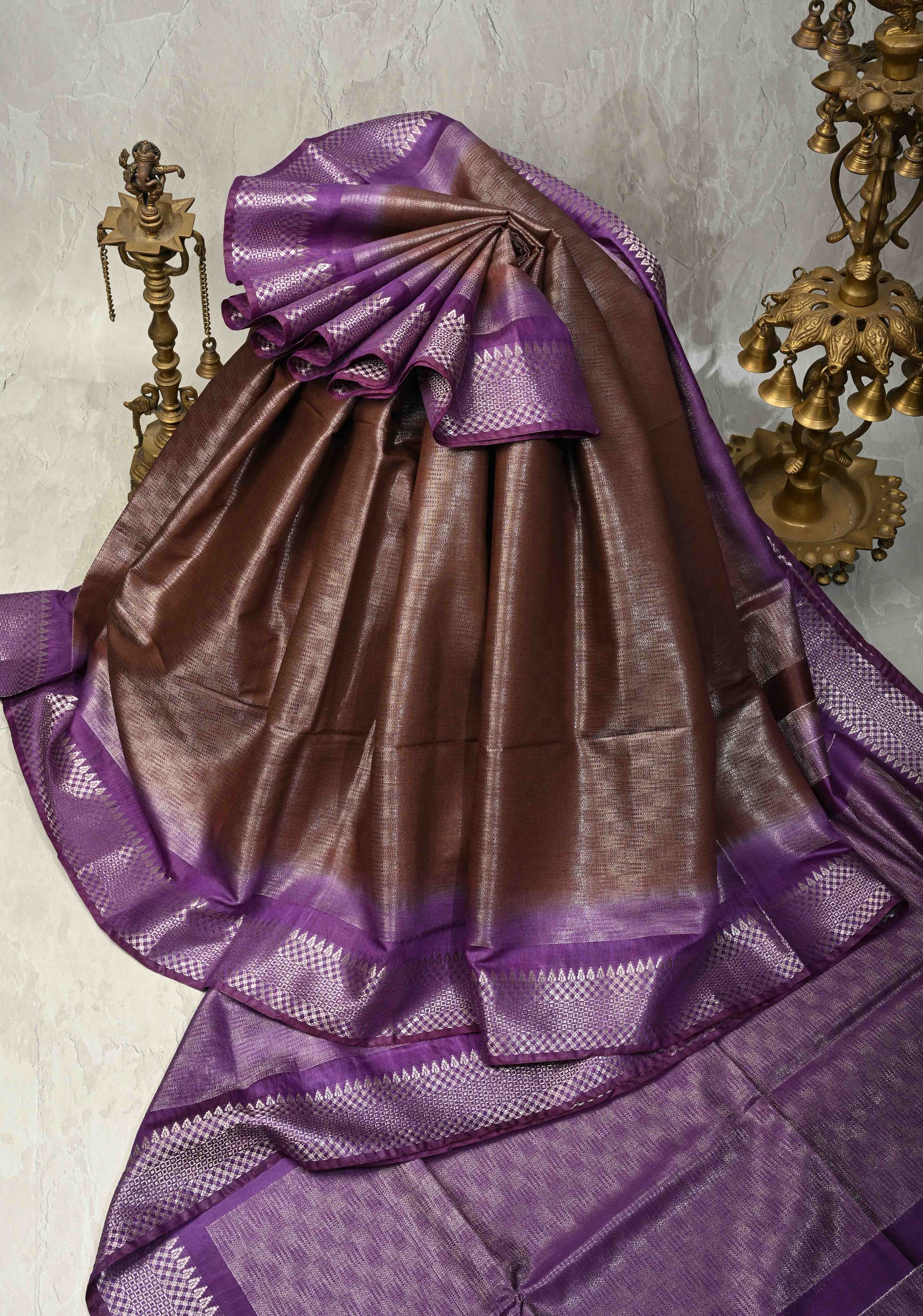 Brown Semi Tussar Tissue Saree with Contrast Zari Border and Pallu