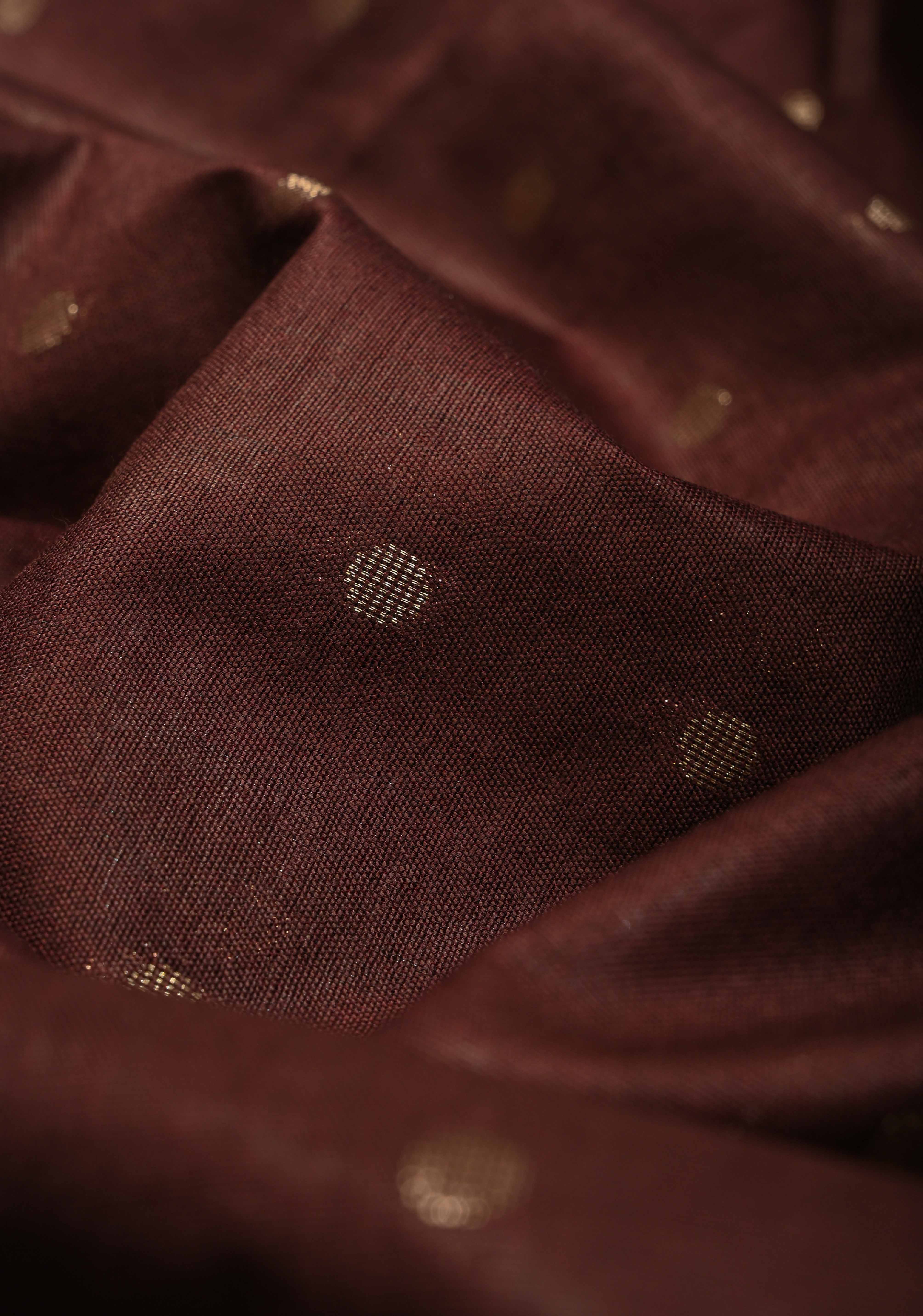 Chocolate Brown Semi Tussar Saree with Zari Polka Dots and Contrast Zari Border | Shobitam