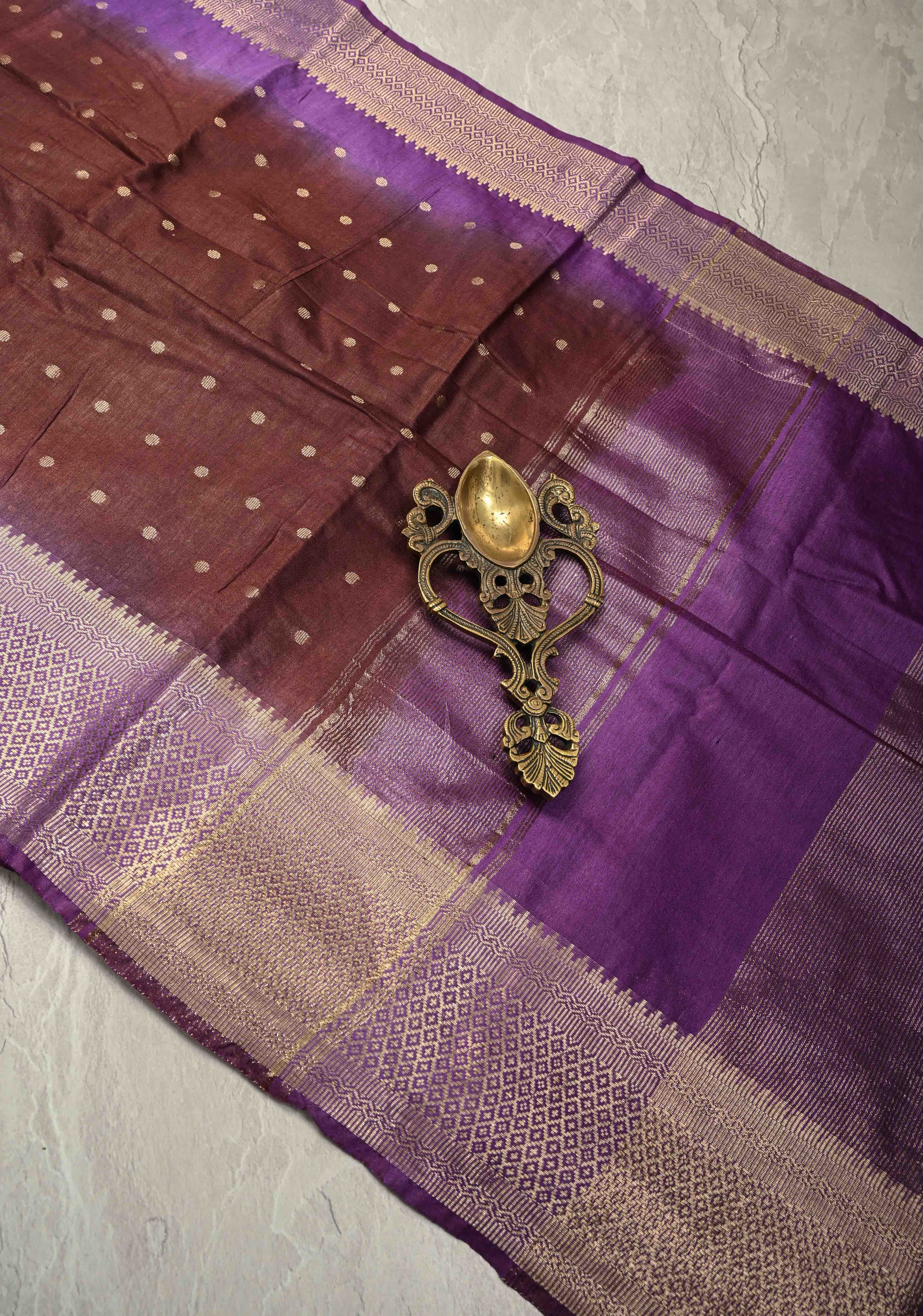 Chocolate Brown Semi Tussar Saree with Zari Polka Dots and Contrast Zari Border | Shobitam