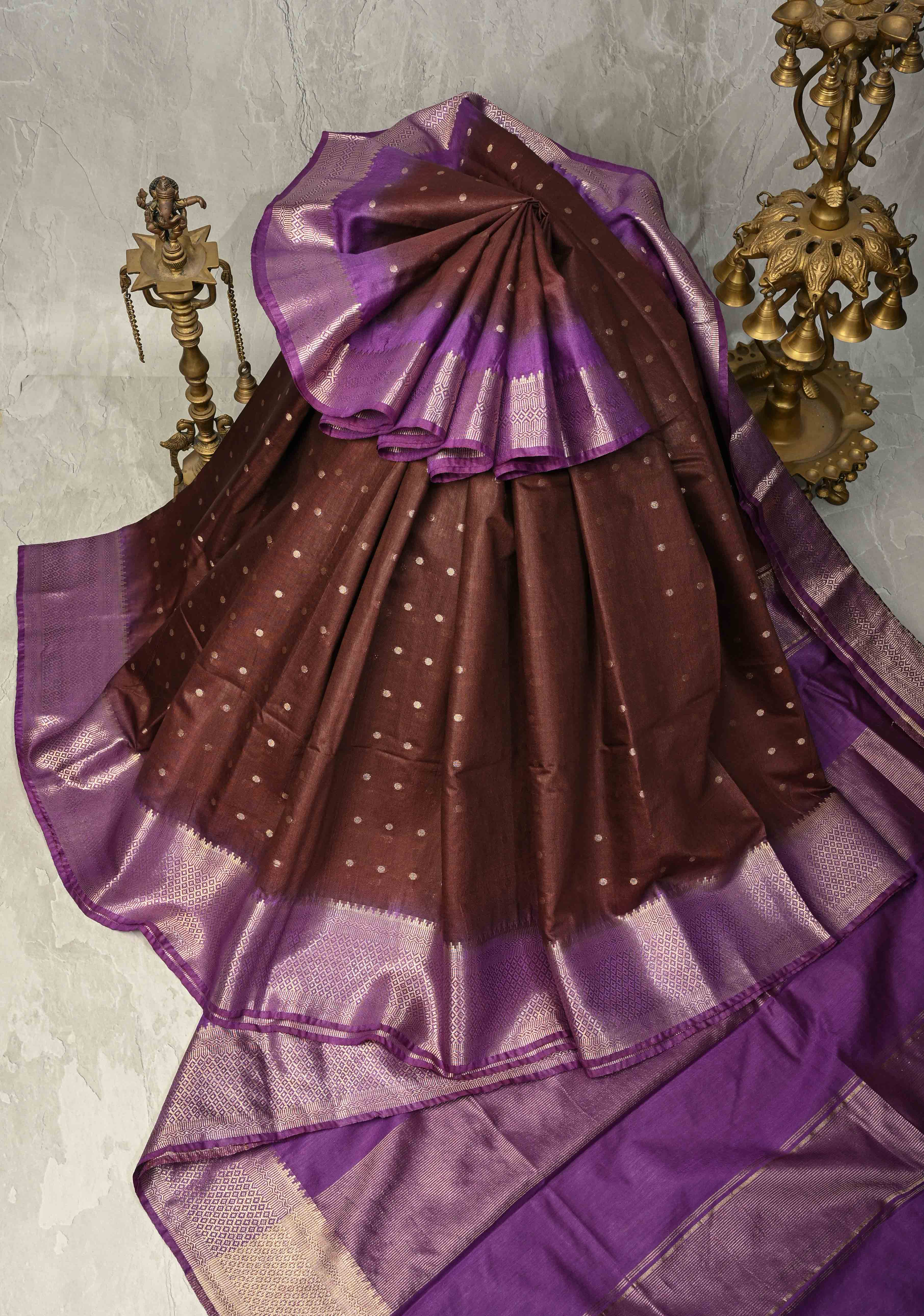 Chocolate Brown Semi Tussar Saree with Zari Polka Dots and Contrast Zari Border | Shobitam