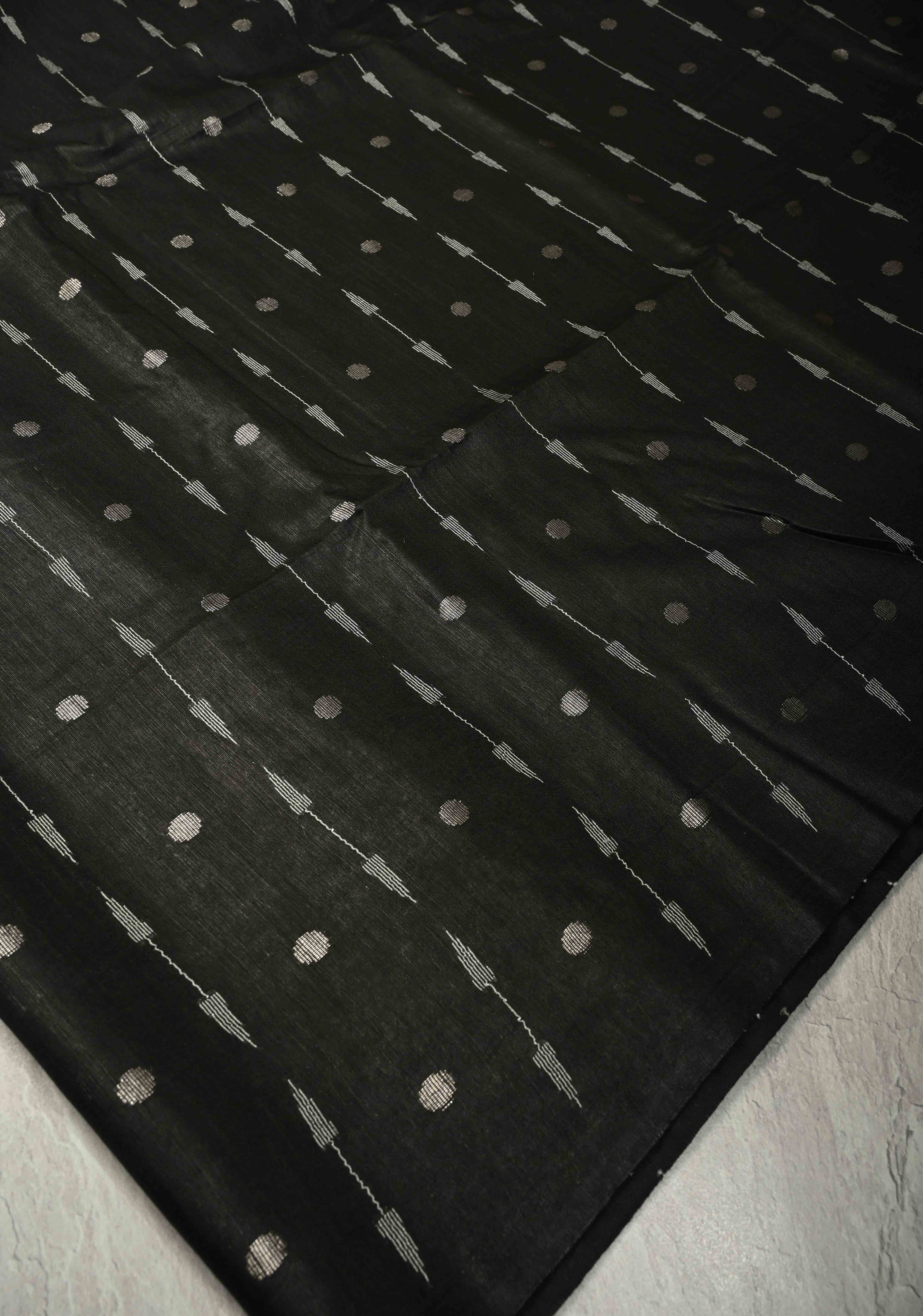 Black Borderless Semi Tussar Saree with Zari Polka Dots and Thread Stripes | Shobitam