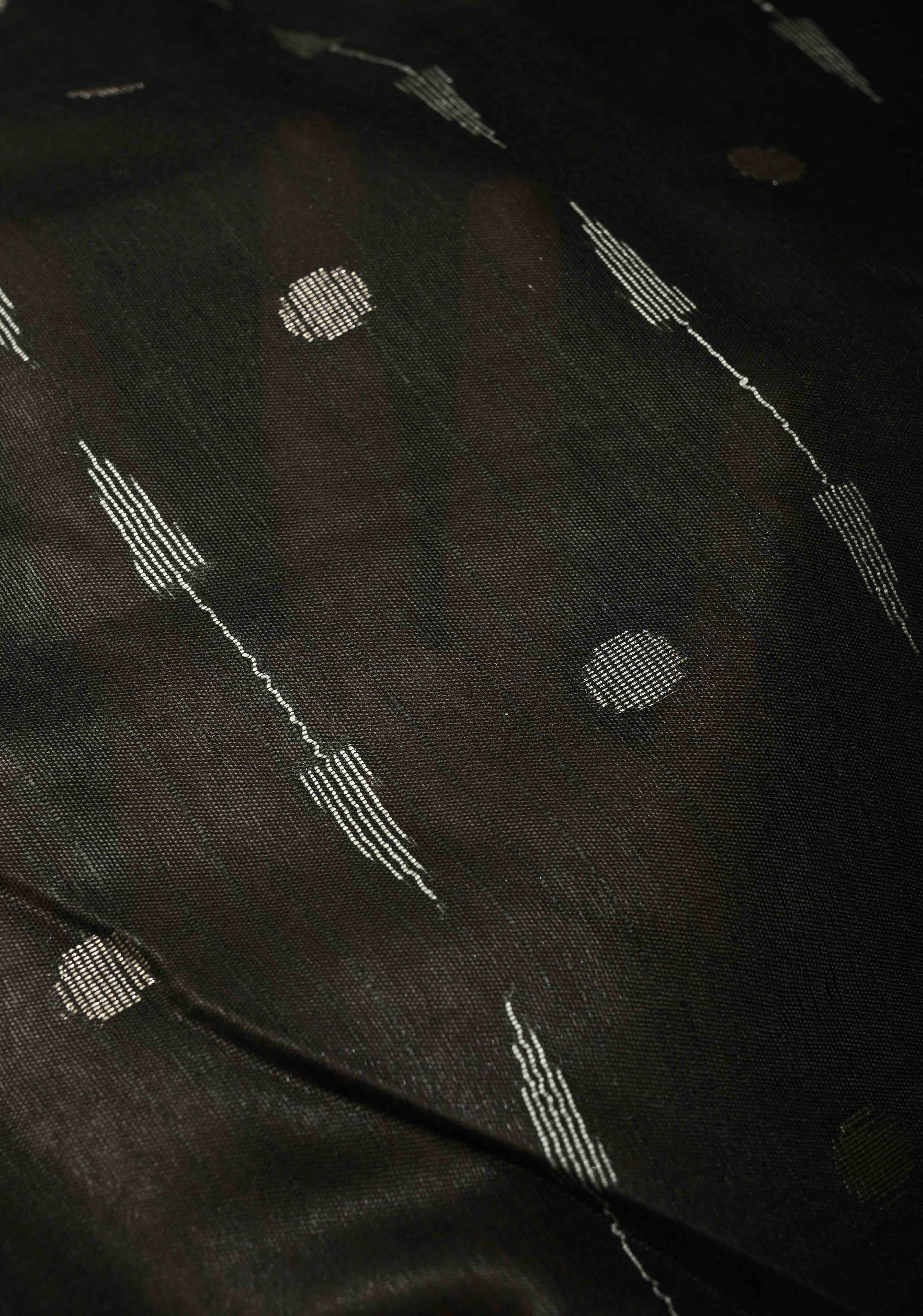 Black Borderless Semi Tussar Saree with Zari Polka Dots and Thread Stripes | Shobitam