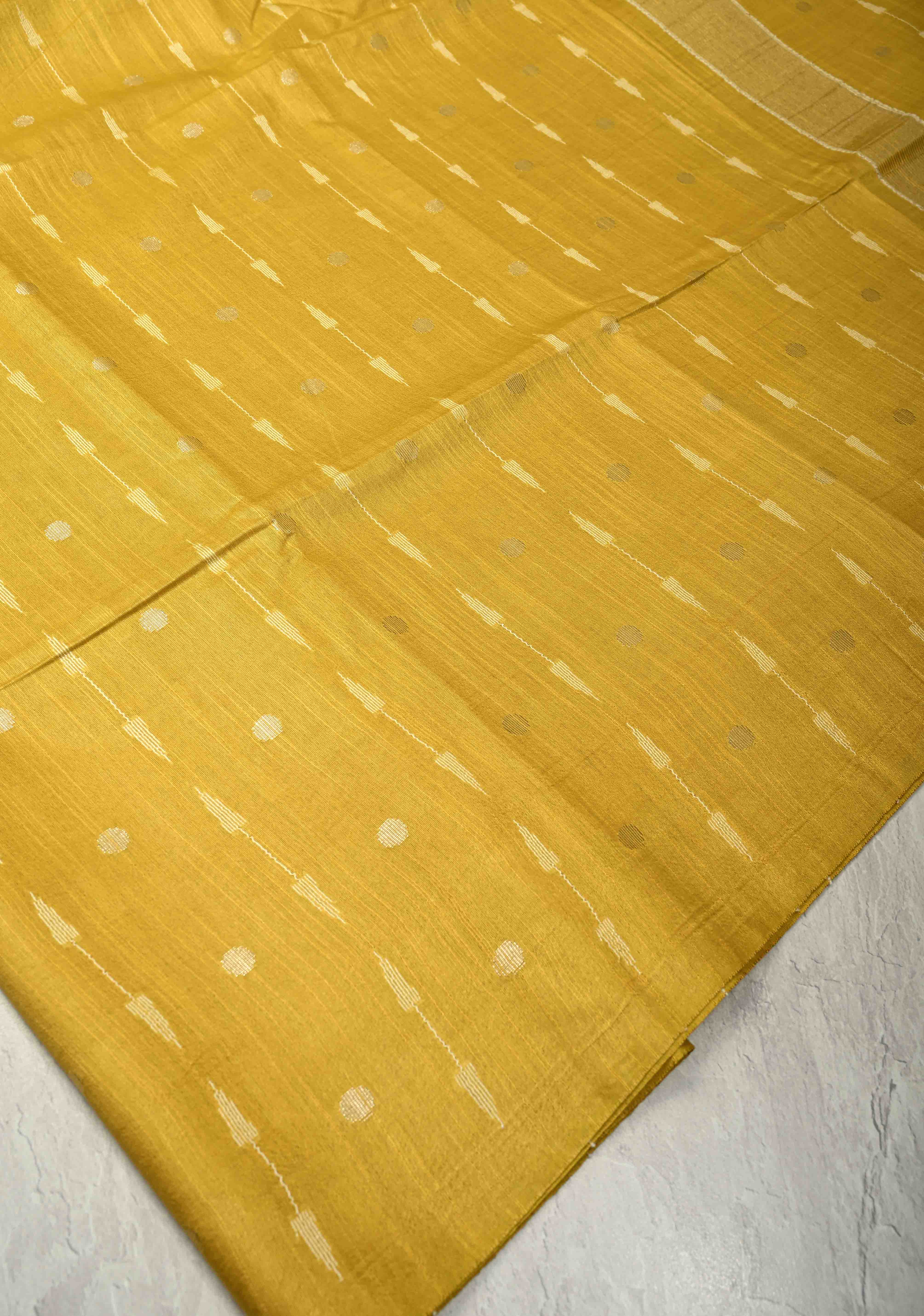 Mustard Yellow Borderless Semi Tussar Saree with Zari Polka Dots and Thread Stripes | Shobitam