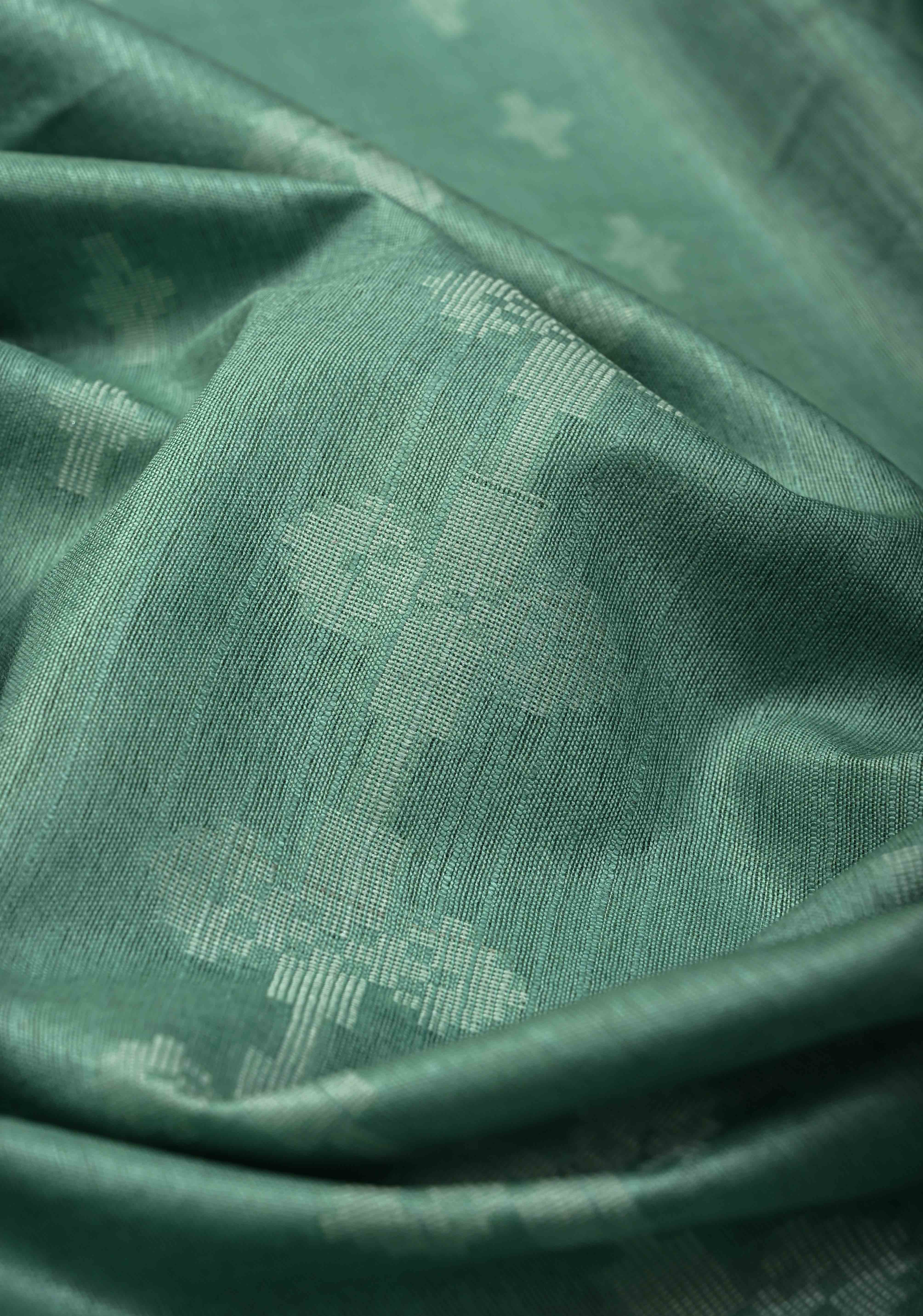 Seafoam Green Borderless Semi Tussar Saree with Thread Stripes-Buttas and Contrast Pallu | Shobitam