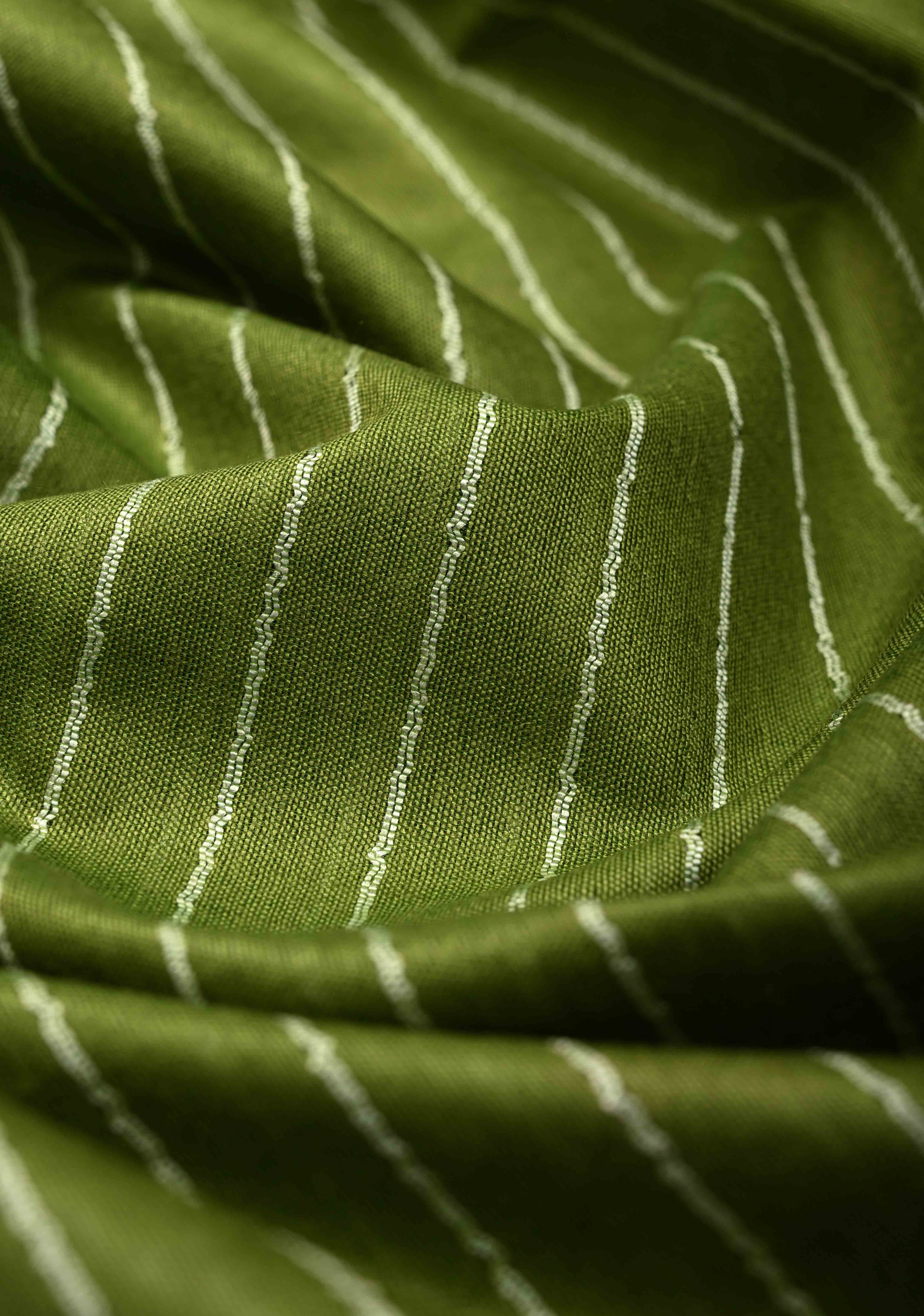 Sap Green Borderless Semi Tussar Saree with Thread Horizontal Stripes and Contrast Pallu | Shobitam