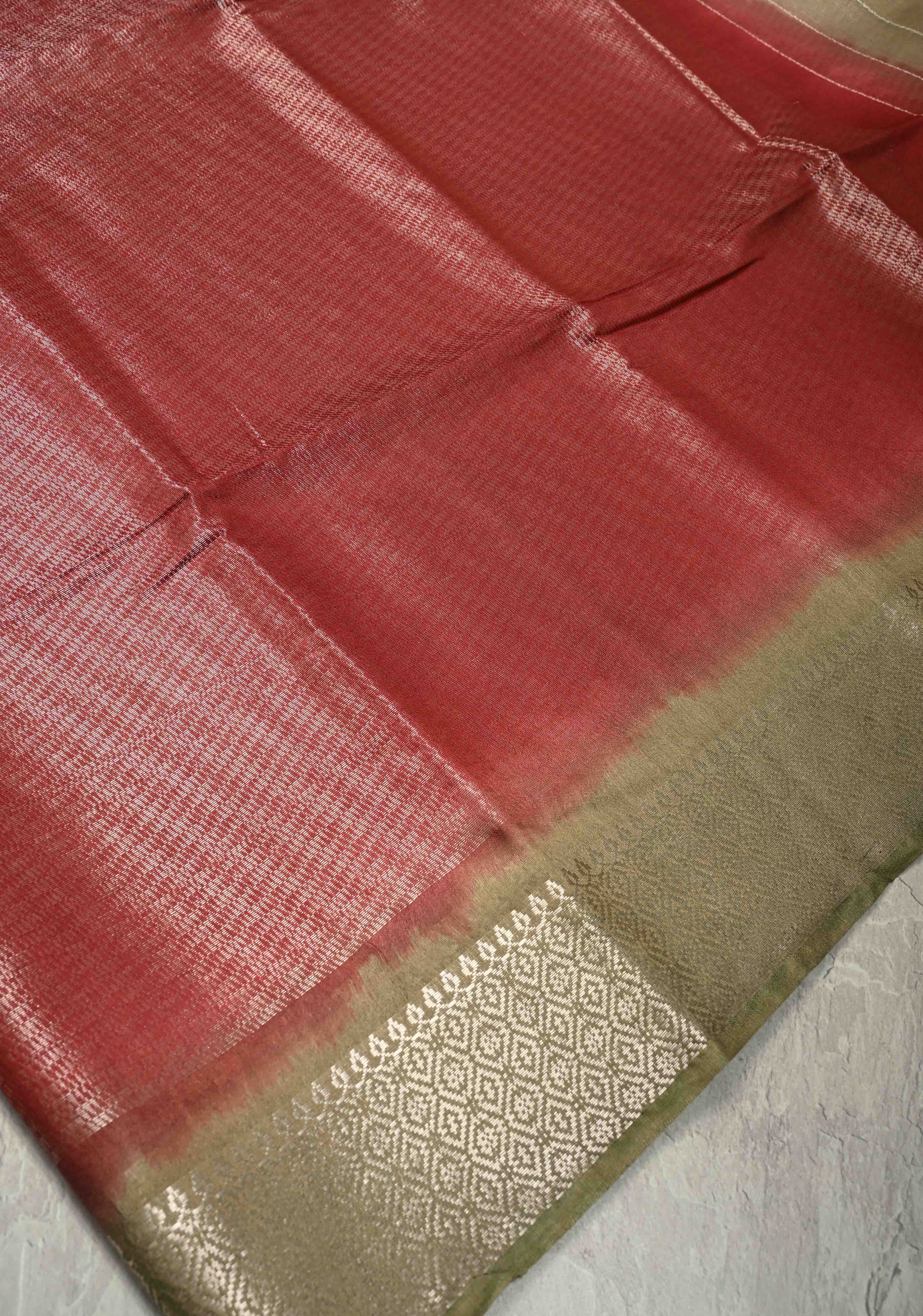 Brick Red Semi Tussar Tissue Saree with Contrast Zari Border and Pallu | Shobitam