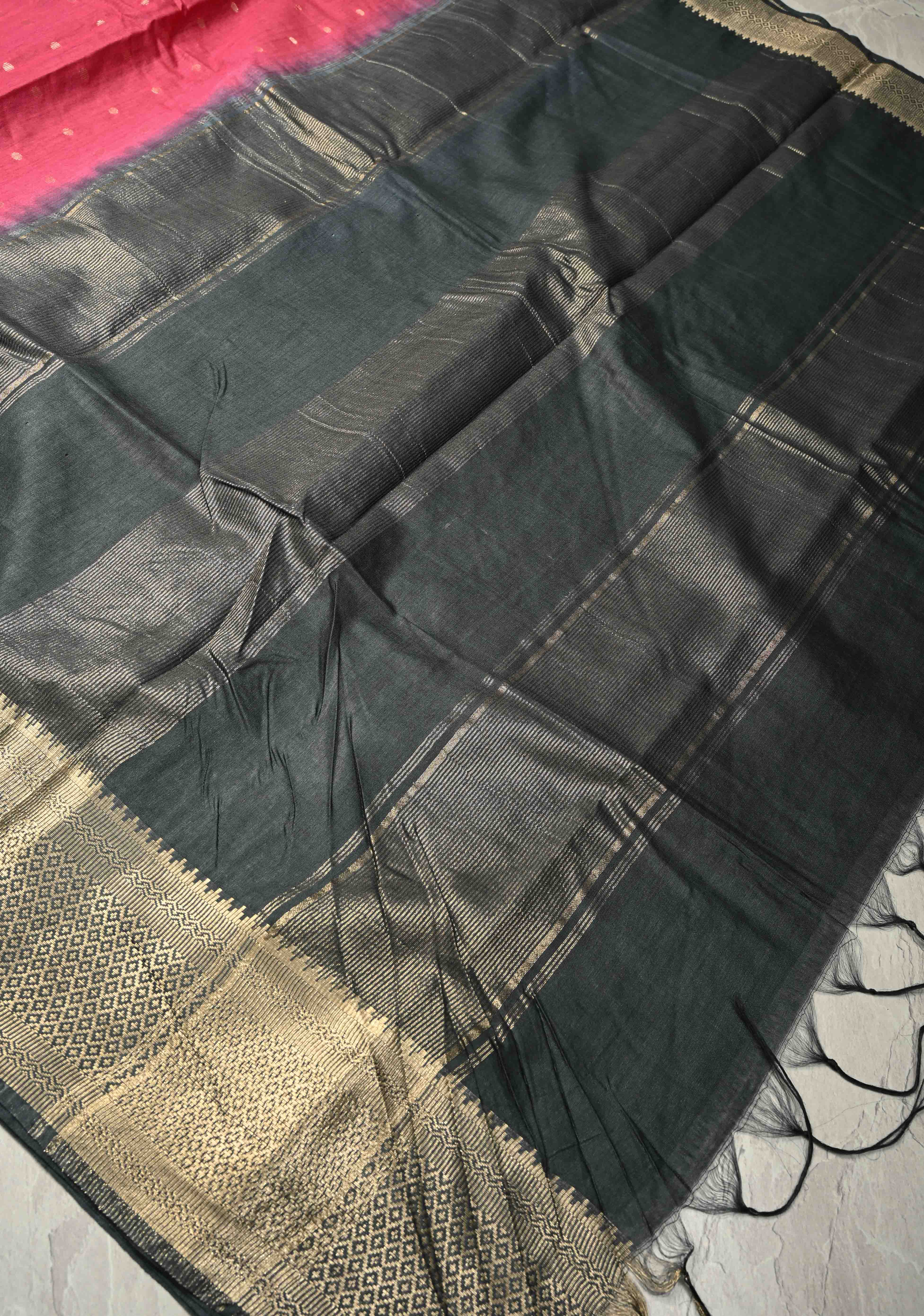 Pink Semi Tussar Saree with Zari Polka Dots and Contrast Zari Border | Shobitam