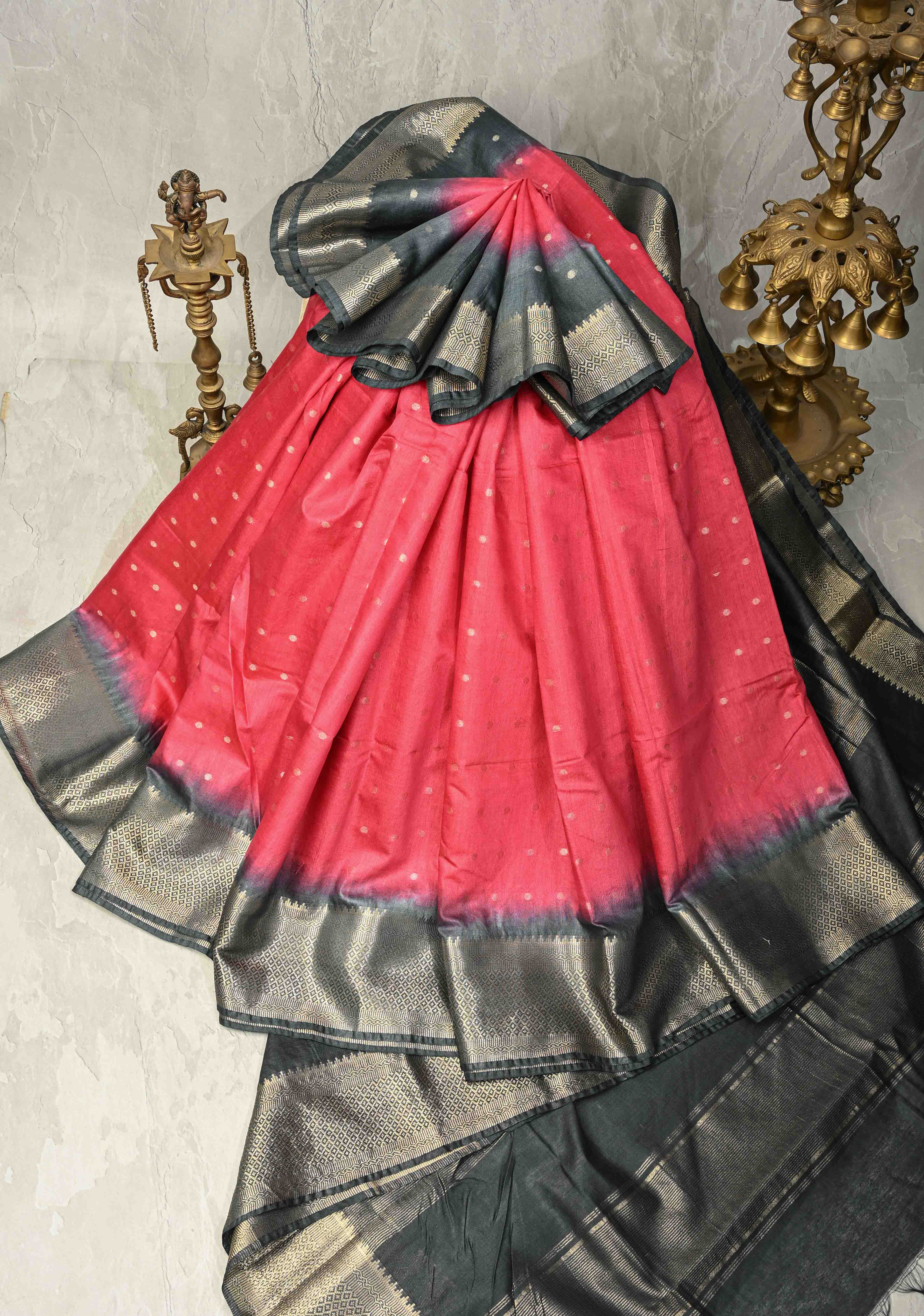 Pink Semi Tussar Saree with Zari Polka Dots and Contrast Zari Border | Shobitam