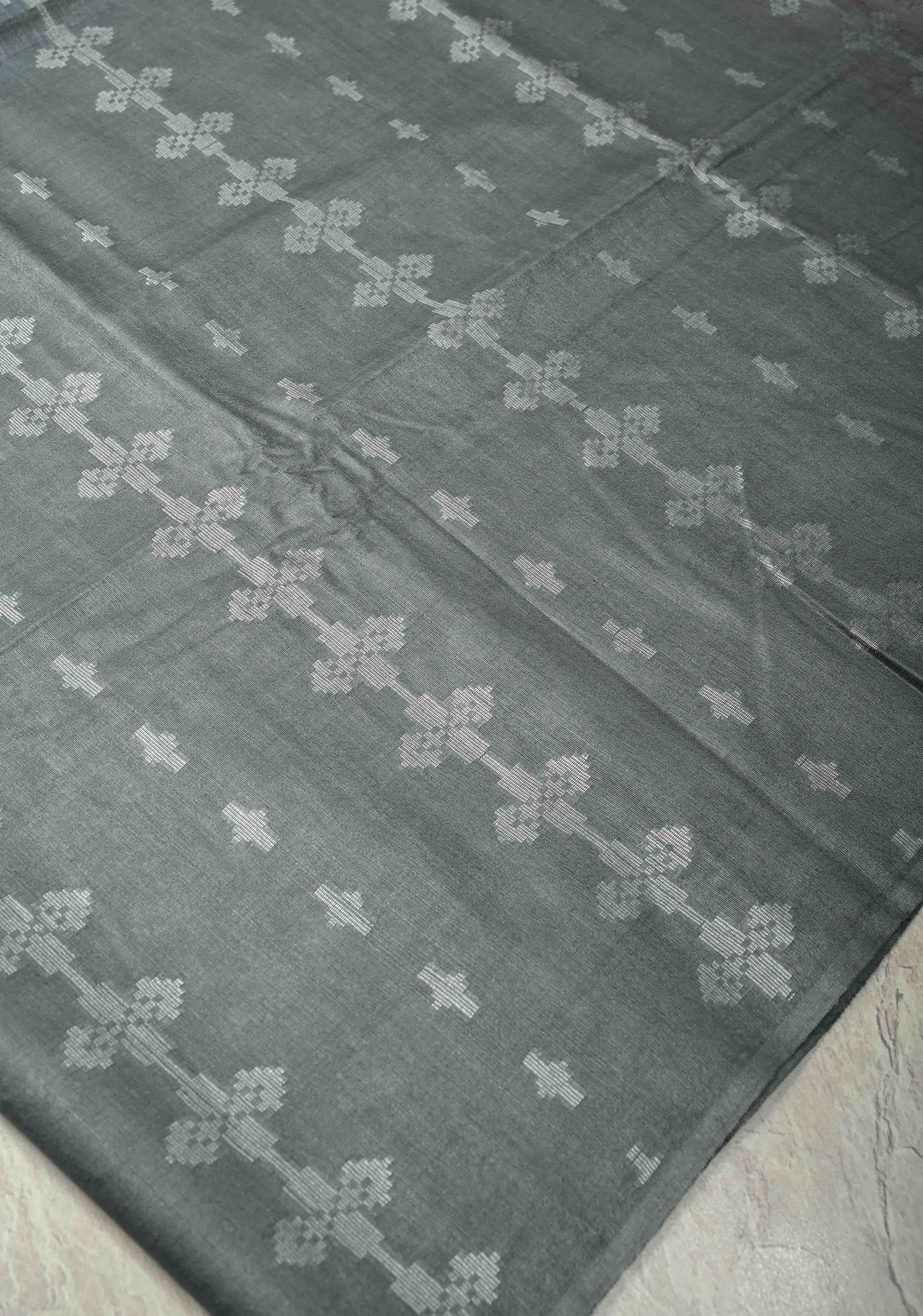 Gray Borderless Semi Tussar Saree with Thread Stripes-Buttas and Contrast Pallu | Shobitam