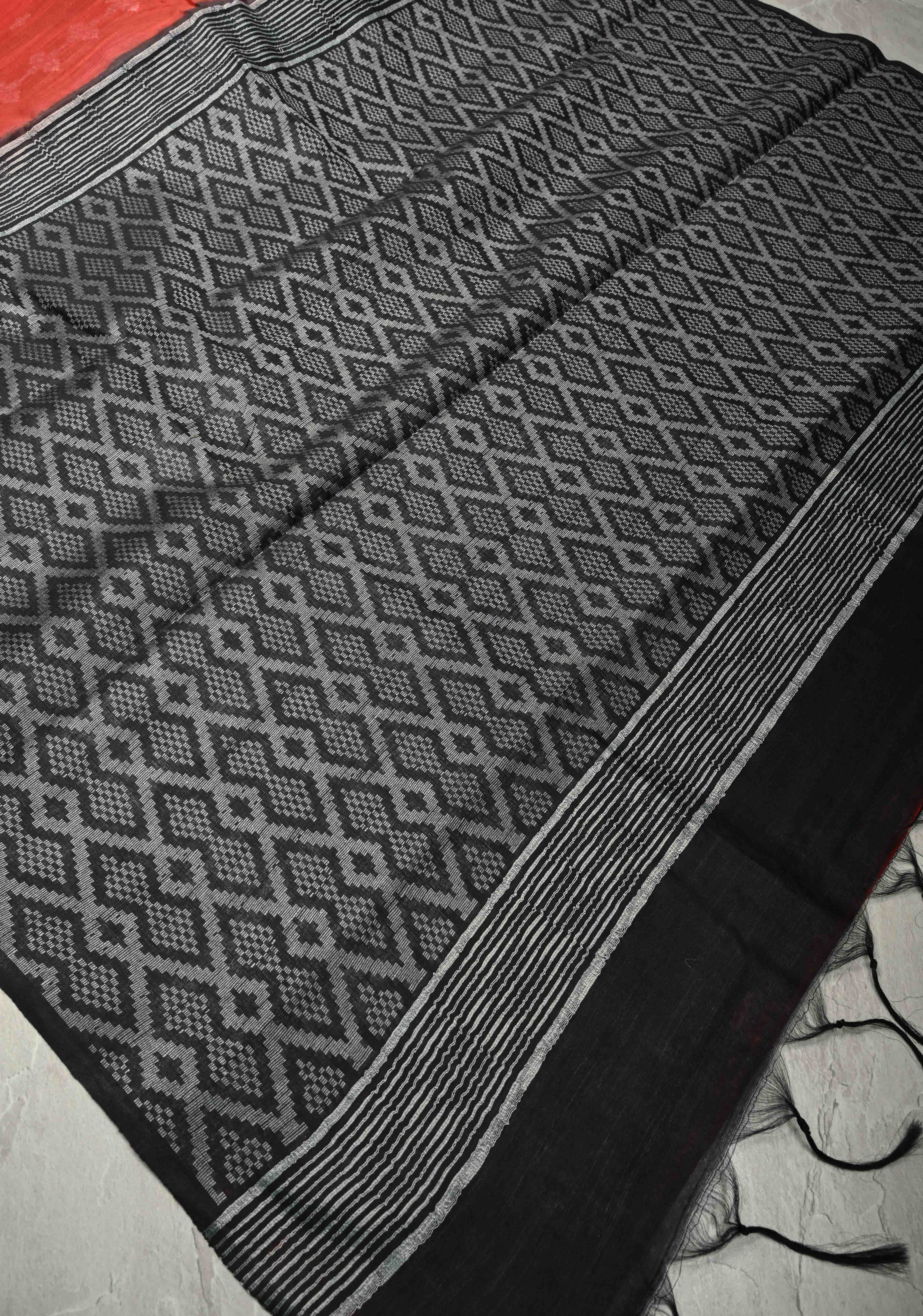 Vermilion Red Borderless Semi Tussar Saree with Thread Stripes-Buttas and Contrast Pallu | Shobitam