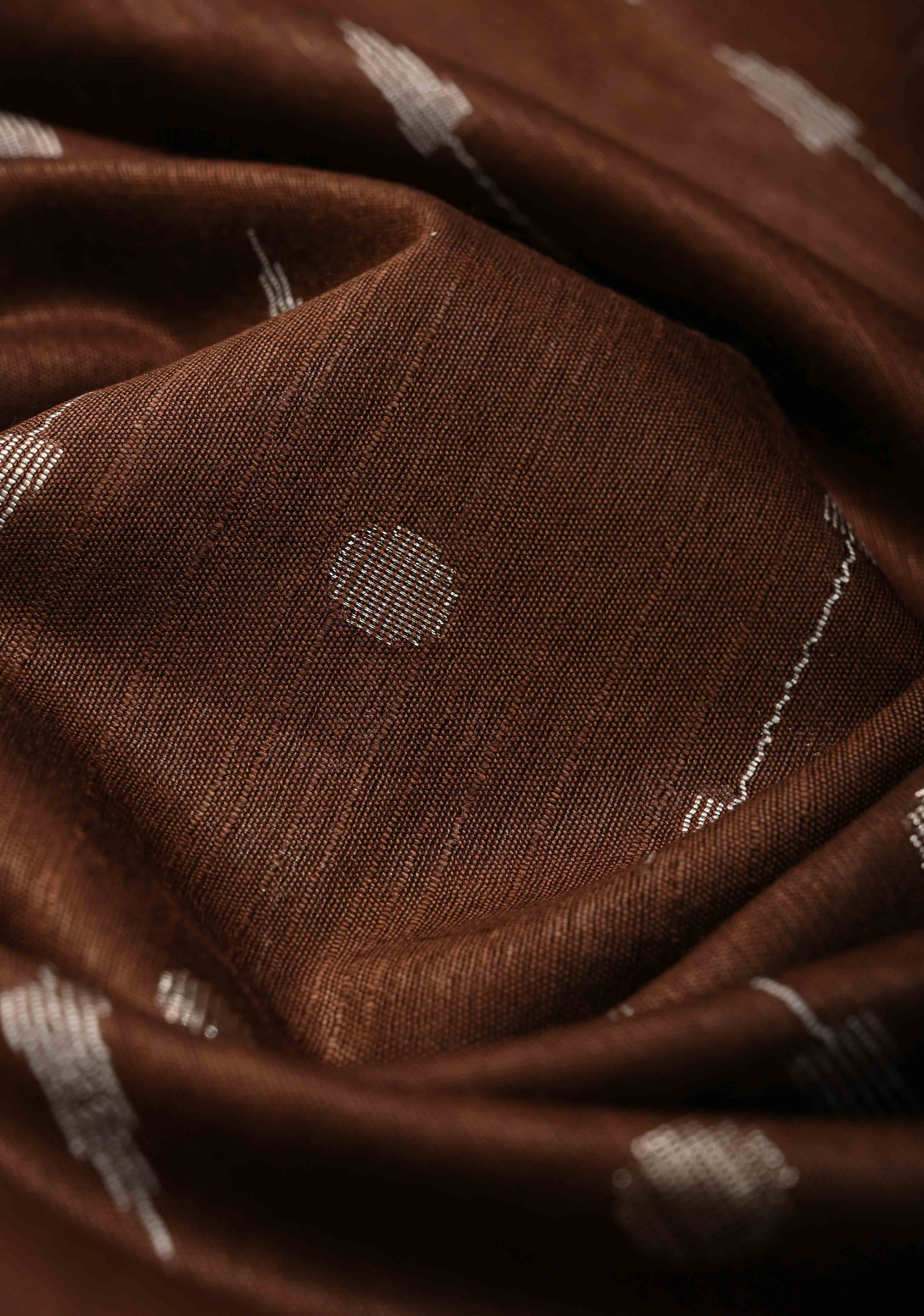 Coffee Brown Borderless Semi Tussar Saree with Zari Polka Dots and Thread Stripes | Shobitam