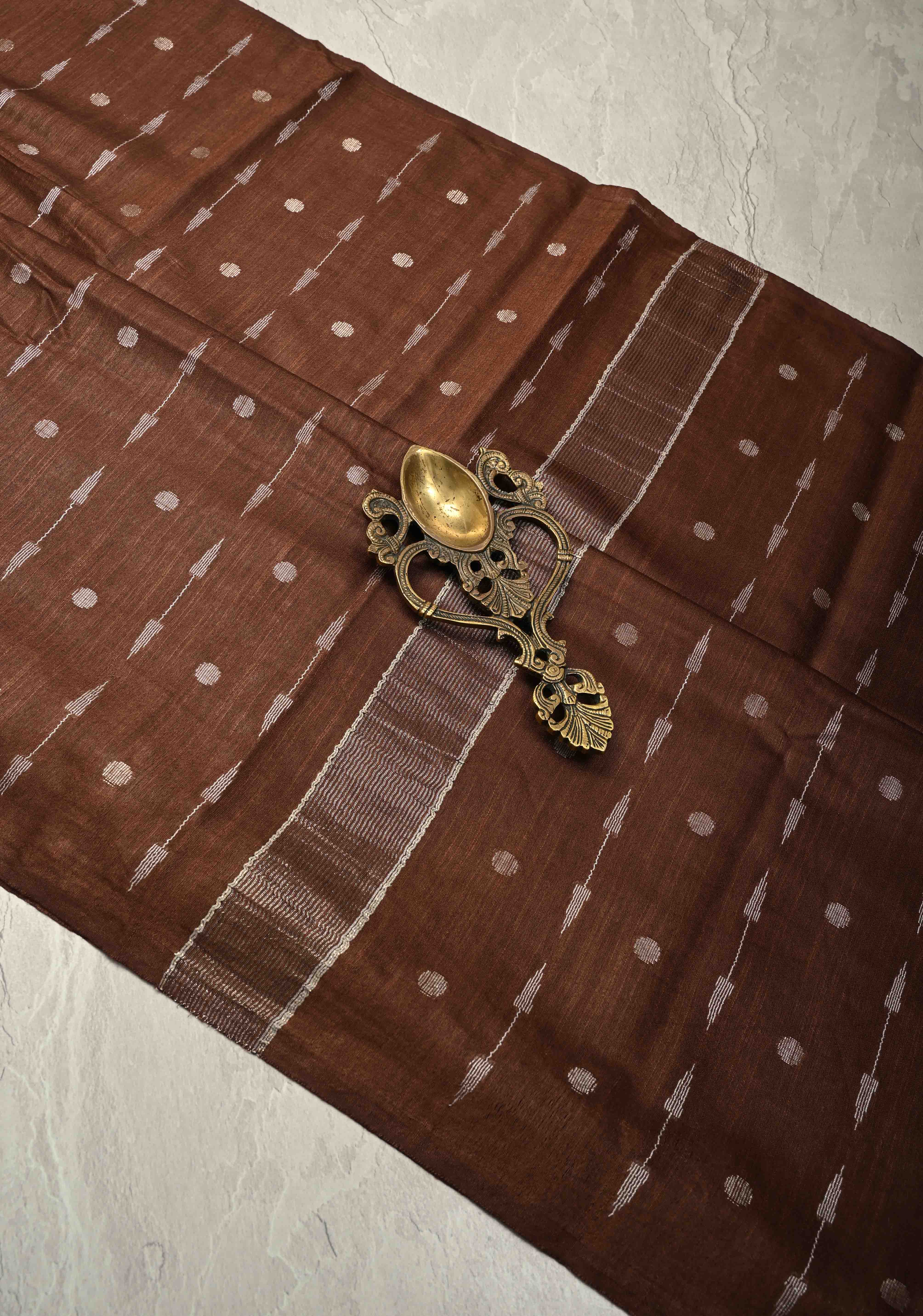 Coffee Brown Borderless Semi Tussar Saree with Zari Polka Dots and Thread Stripes | Shobitam