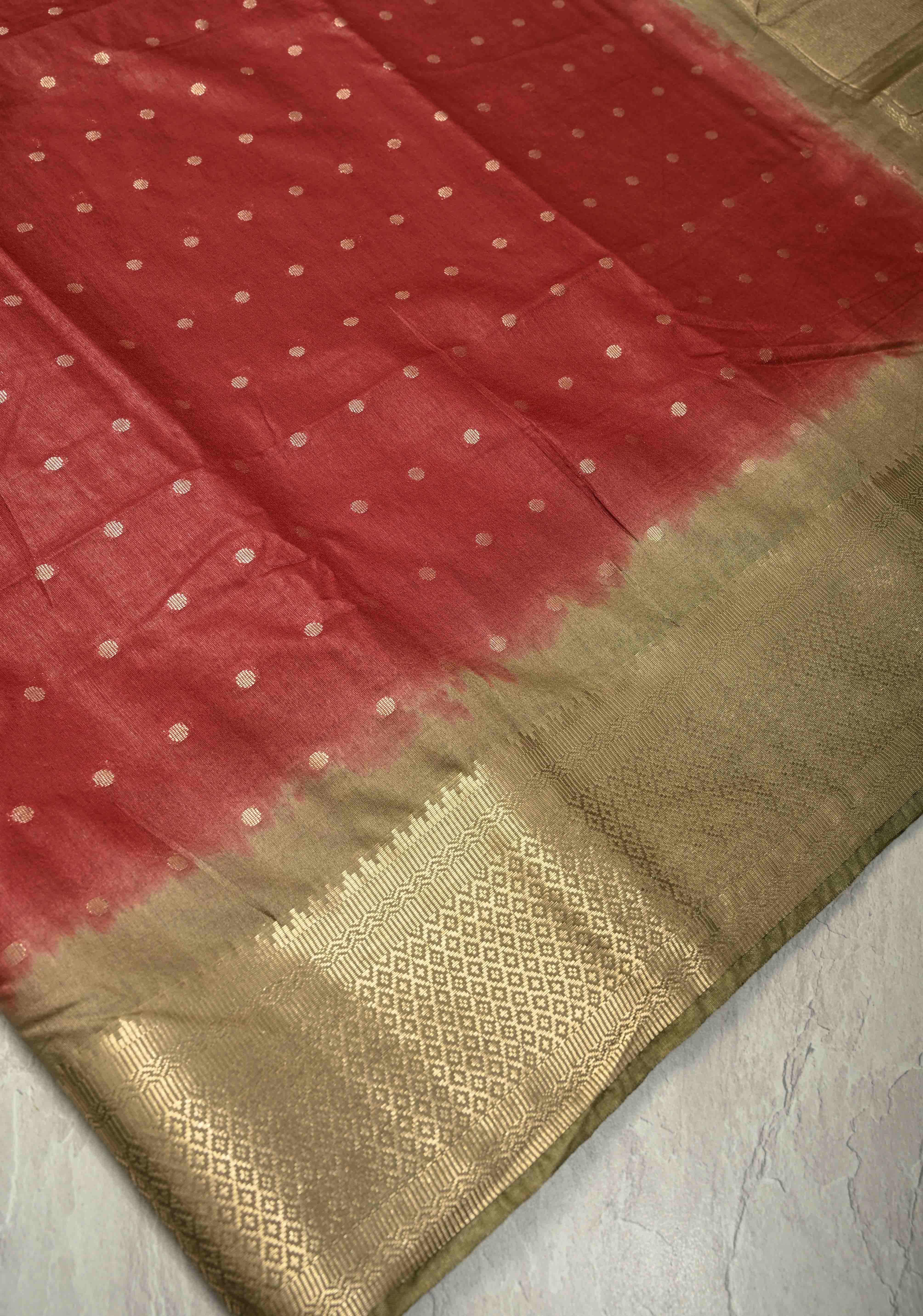 Maroon Semi Tussar Saree with Zari Polka Dots and Contrast Zari Border | Shobitam