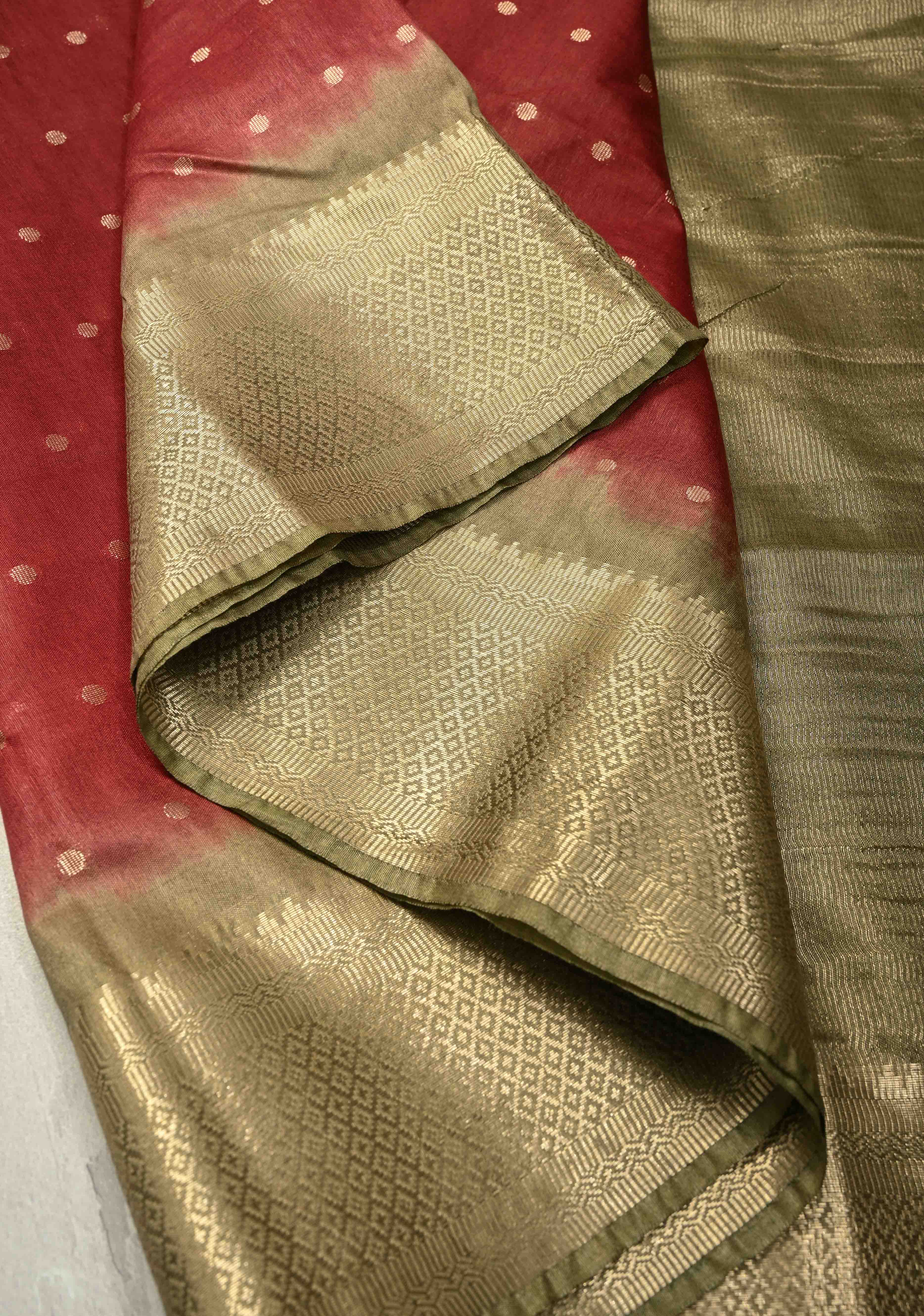 Maroon Semi Tussar Saree with Zari Polka Dots and Contrast Zari Border | Shobitam